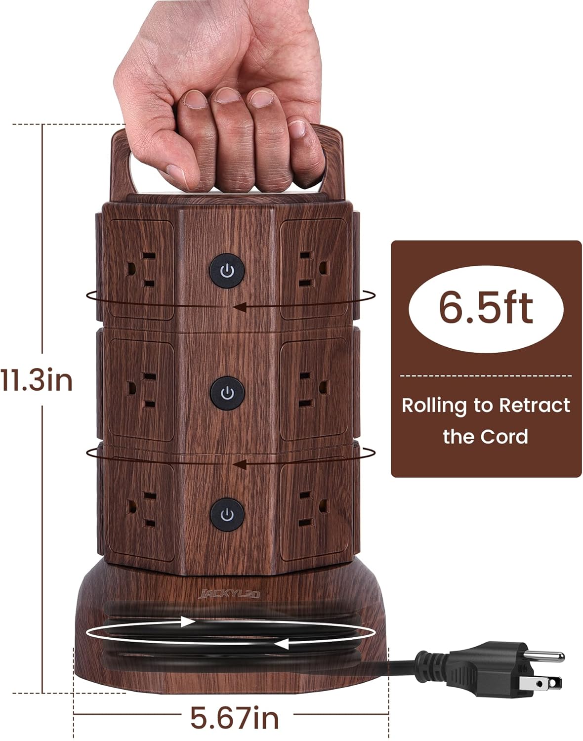 JACKYLED Regleta protectora contra sobretensiones con cable de extensión de 6.5 pies, 6 puertos USB y 12 salidas de CA, estación de carga eléctrica