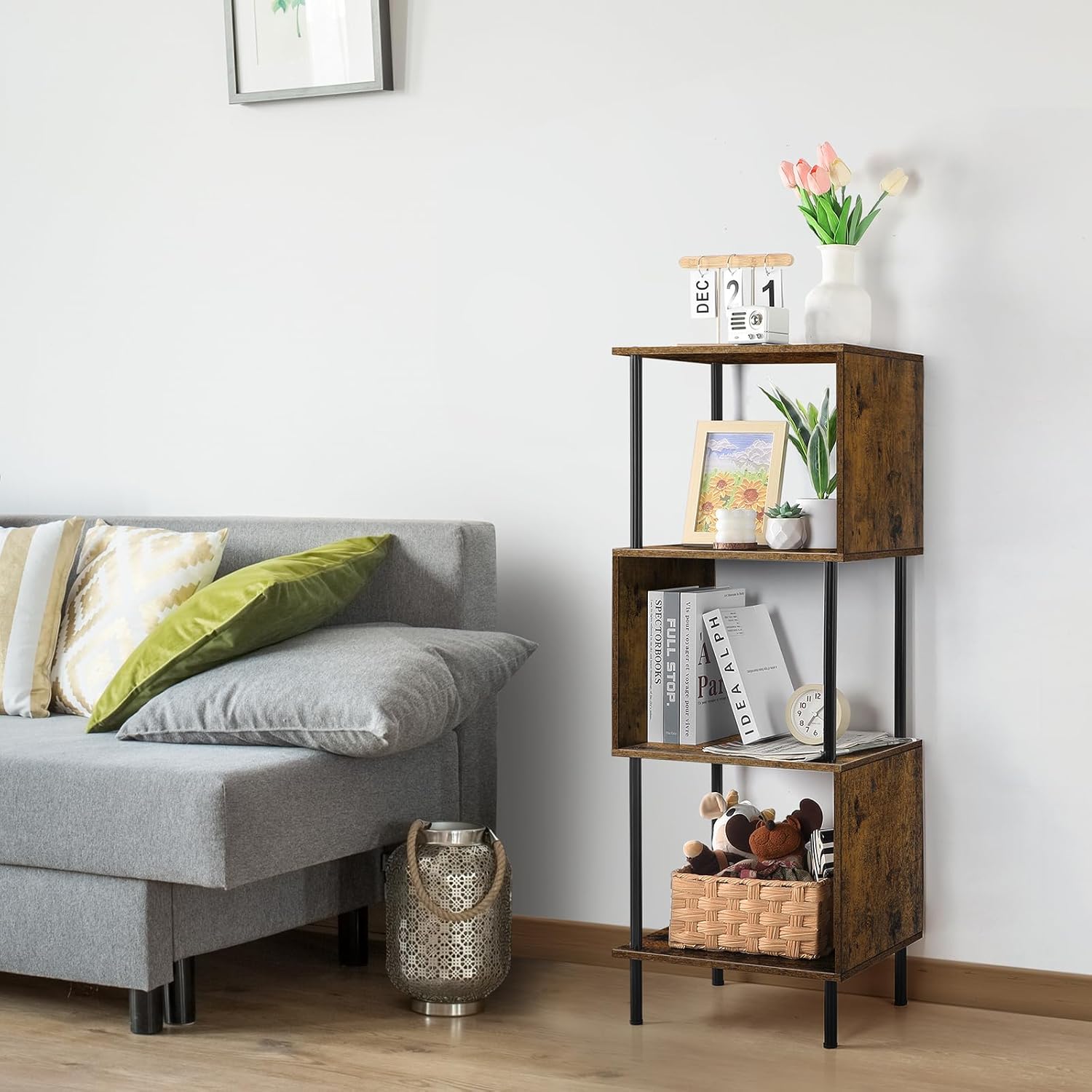 ETELI Estantería pequeña en forma de S de 4 niveles, moderna, independiente, multifuncional, de madera, para granja, sala de estar, dormitorio y