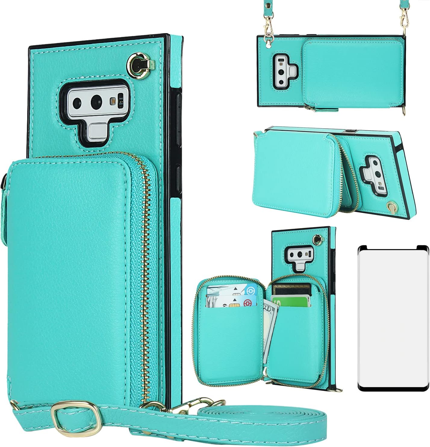 Asuwish Funda de teléfono para Samsung Galaxy Note 9 con protector de pantalla de vidrio templado y soporte para tarjetas con cremallera, soporte de