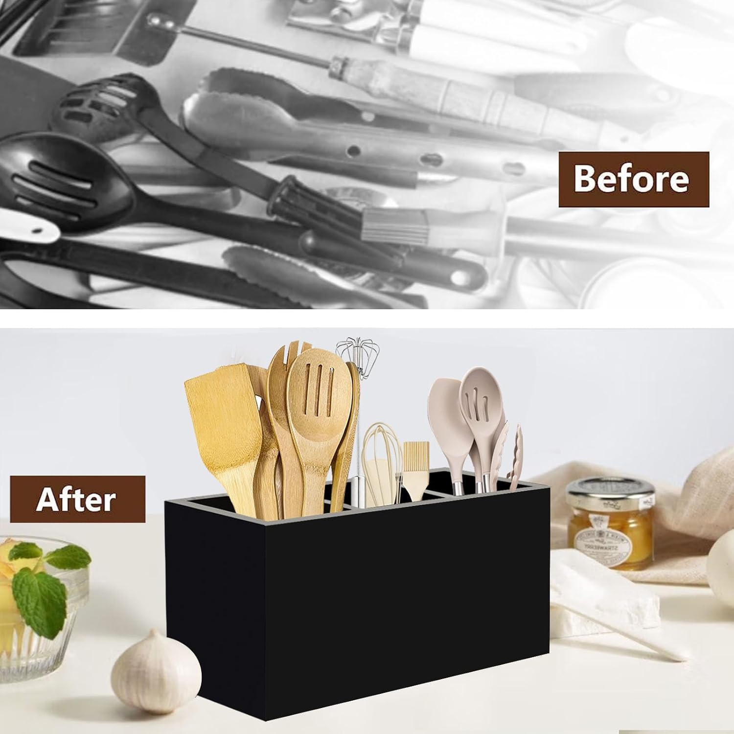Wuudy Soporte para utensilios, soporte para utensilios de cocina para encimera, organizador de utensilios de cocina de acrílico, con asas, para