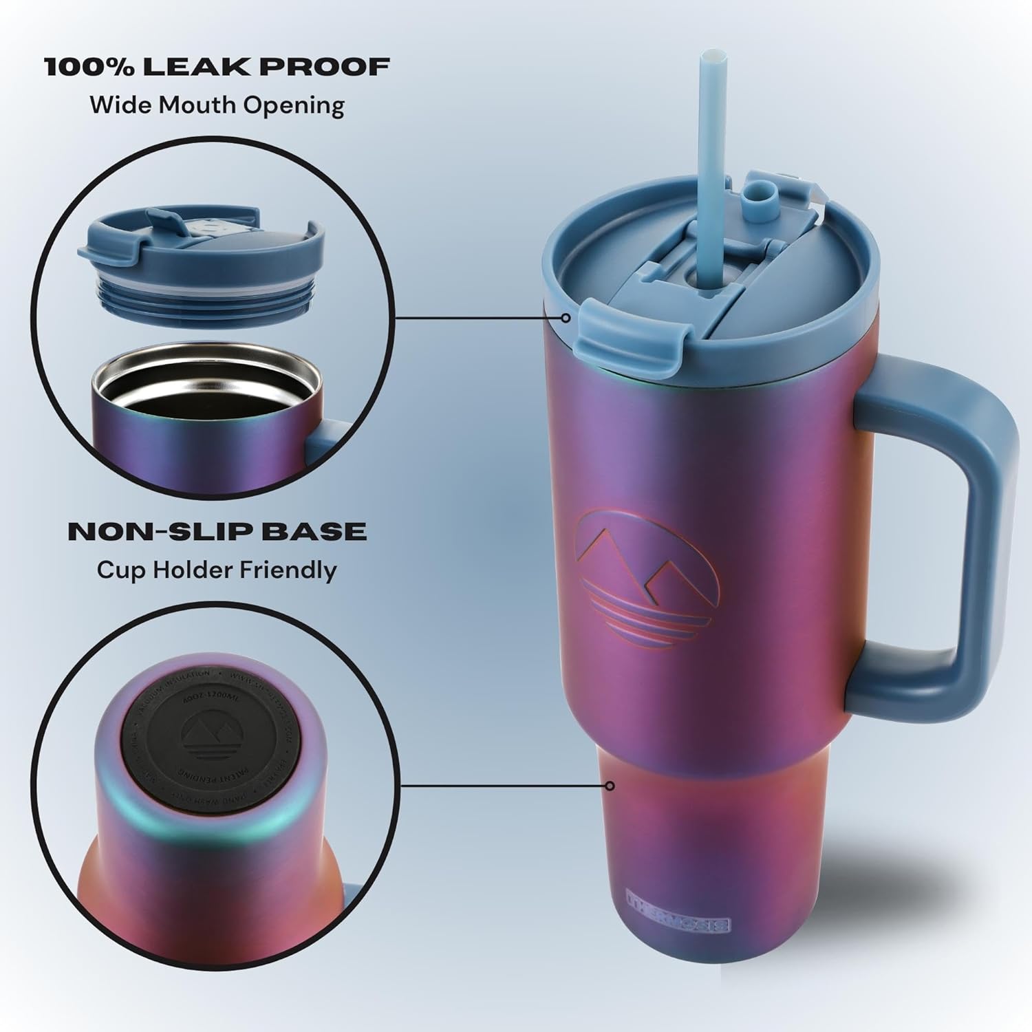 Vaso de 40 oz con asa y popote  Vaso a prueba de fugas con popote aislado taza de viaje para portavasos  Botella de agua de 40 oz con popote de