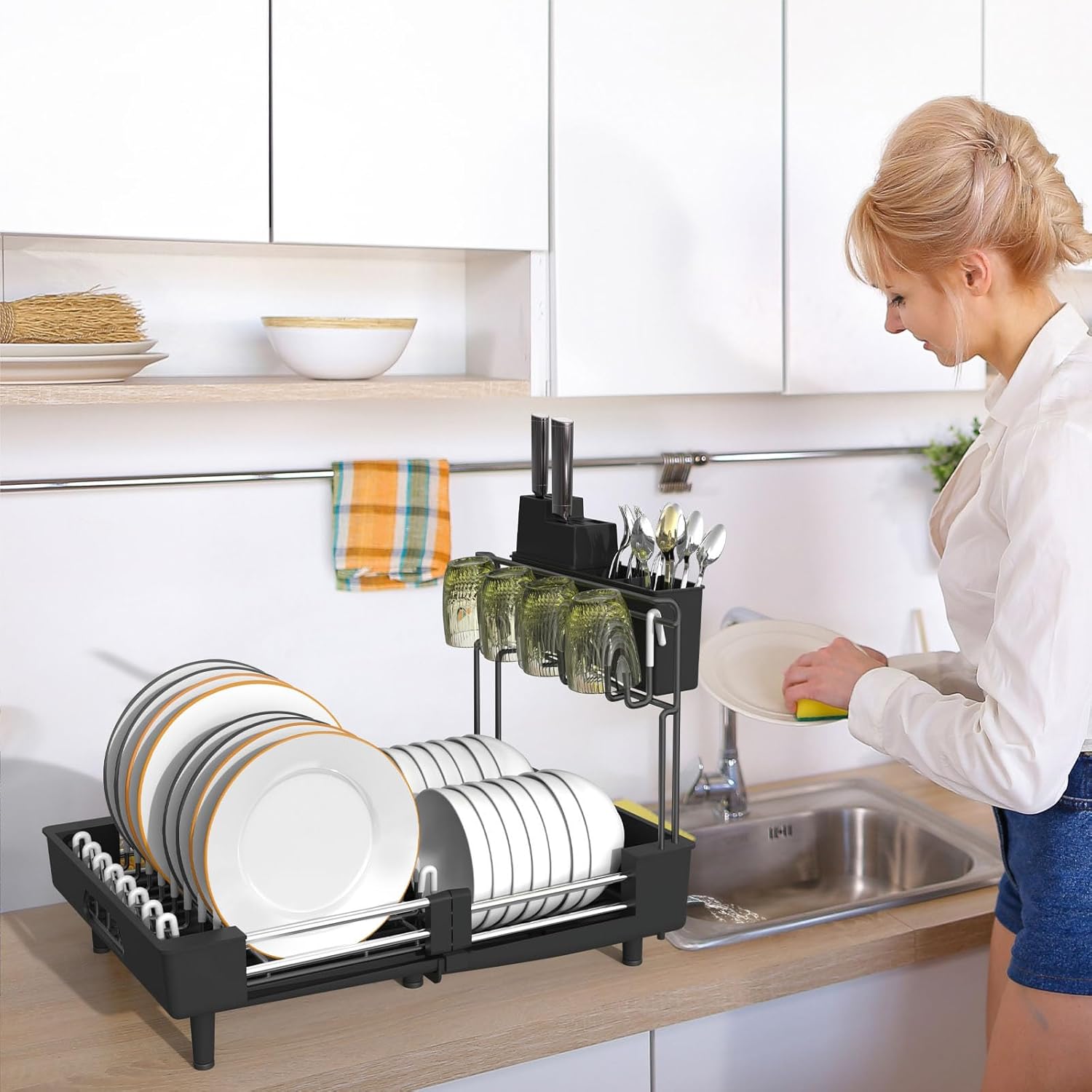 Ollieroo Escurridor de platos, resistente al óxido para encimera de cocina con soporte extraíble para utensilios, ranuras para cuchillos y soporte