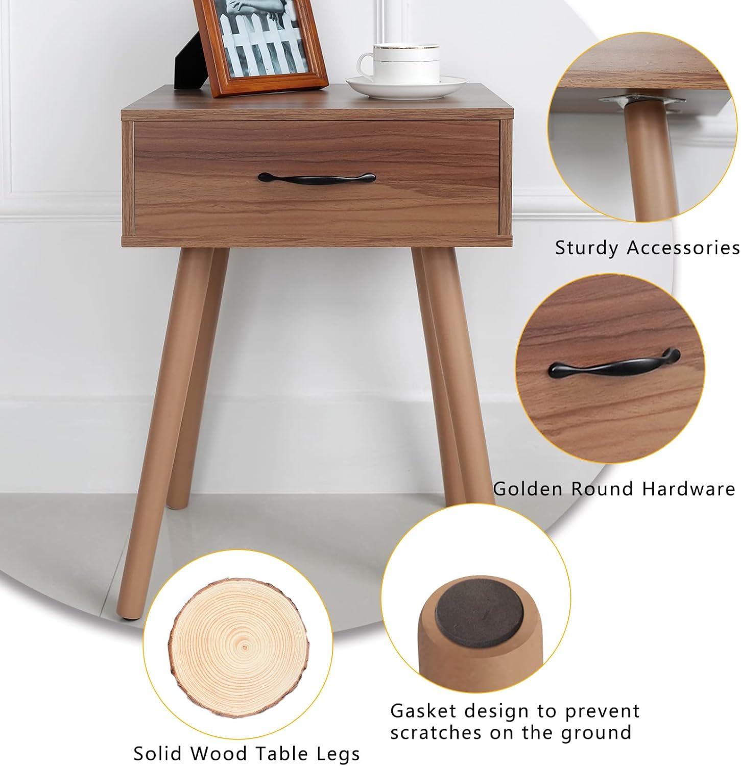 Cloud Space Mesita de noche moderna de mediados de siglo, mesa auxiliar de madera para sala de estar, mesa auxiliar de cama de nogal, mesita de