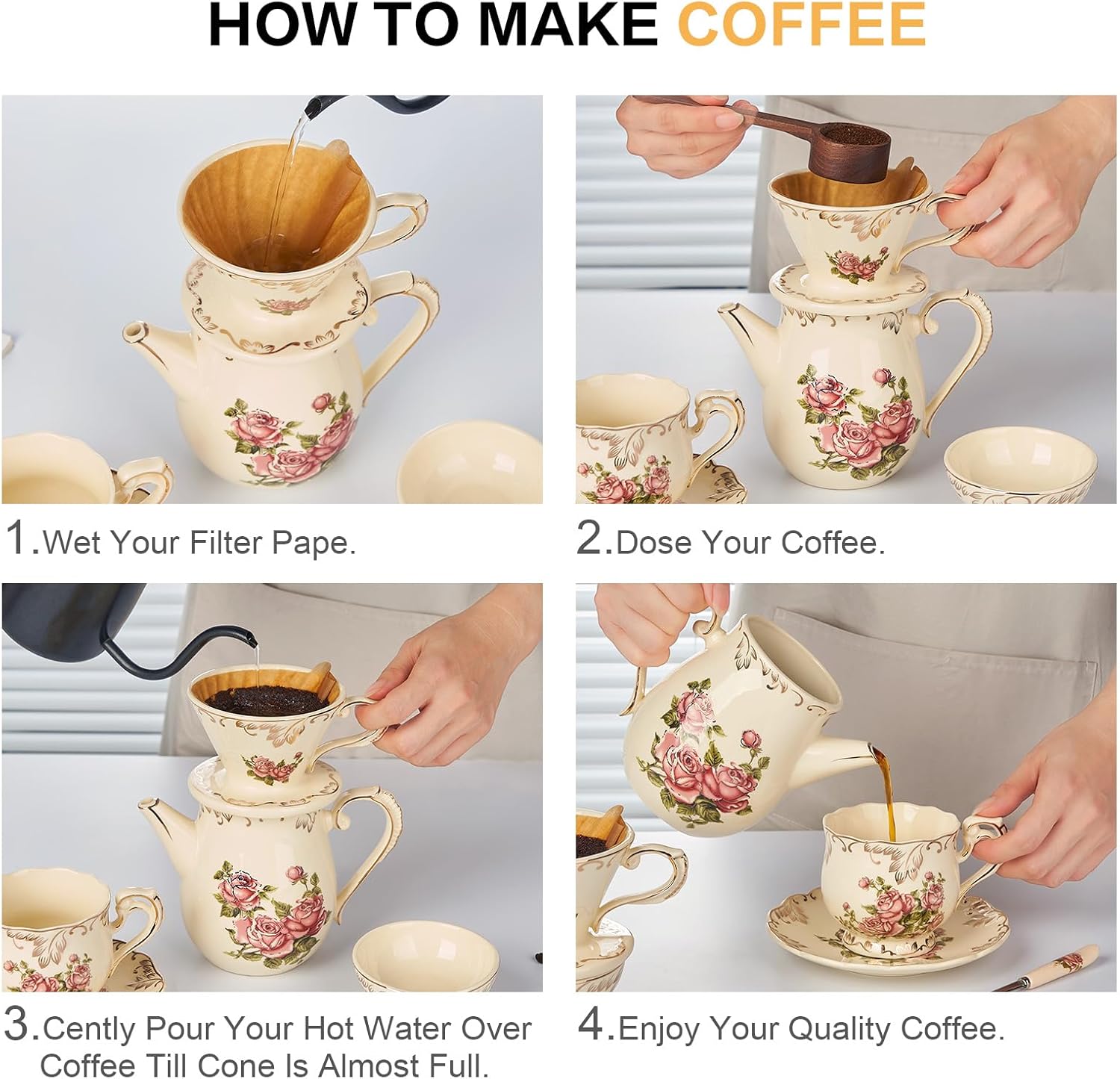 YOLIFE Floarl – Juego de gotero de café, cafetera de cerámica con diseño de cono, 1 taza, regalo para mujeres (rosa)