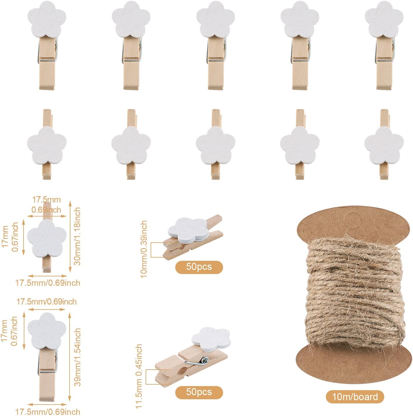 Pandahall – 100 pinzas de flores blancas para papel fotográfico de madera, clips de injerto con cordel de yute natural de 10.93 yardas para