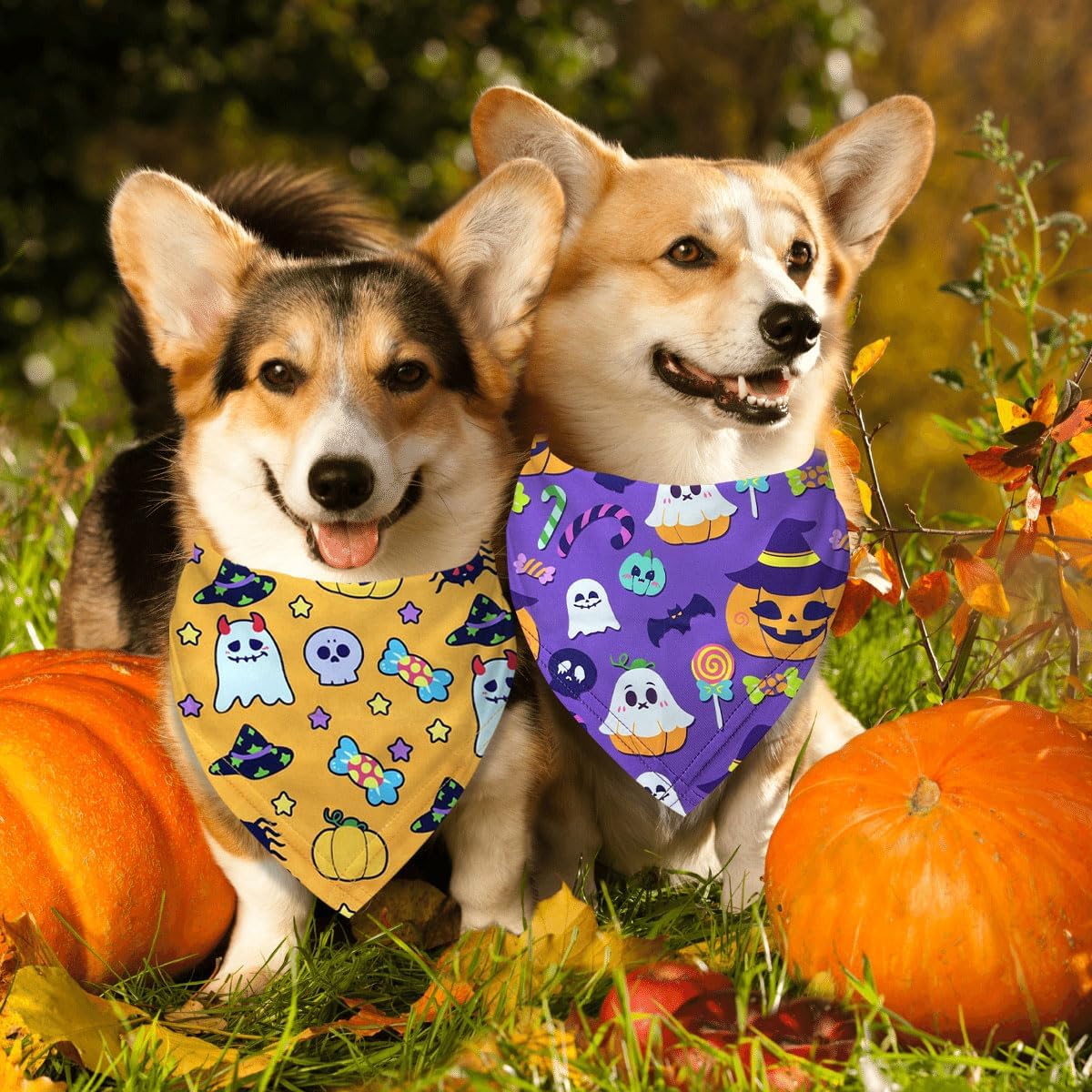 Bandanas de Halloween para perro, paquete de 2 múltiples patrones adorables con temática de Halloween, bufanda de tela duradera para mascotas,