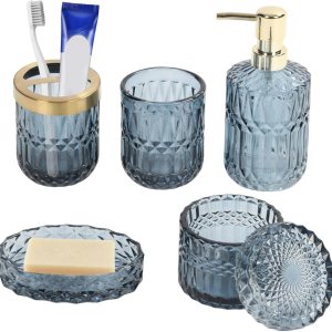 Juego completo de 5 piezas de accesorios de baño azules, soporte para cepillo de dientes, vaso, dispensador de loción, jabonera, tarros de hisopos Juego completo de 5 piezas de accesorios de baño azules, soporte para cepillo de dientes, vaso, dispensador de loción, jabonera, tarros de hisopos