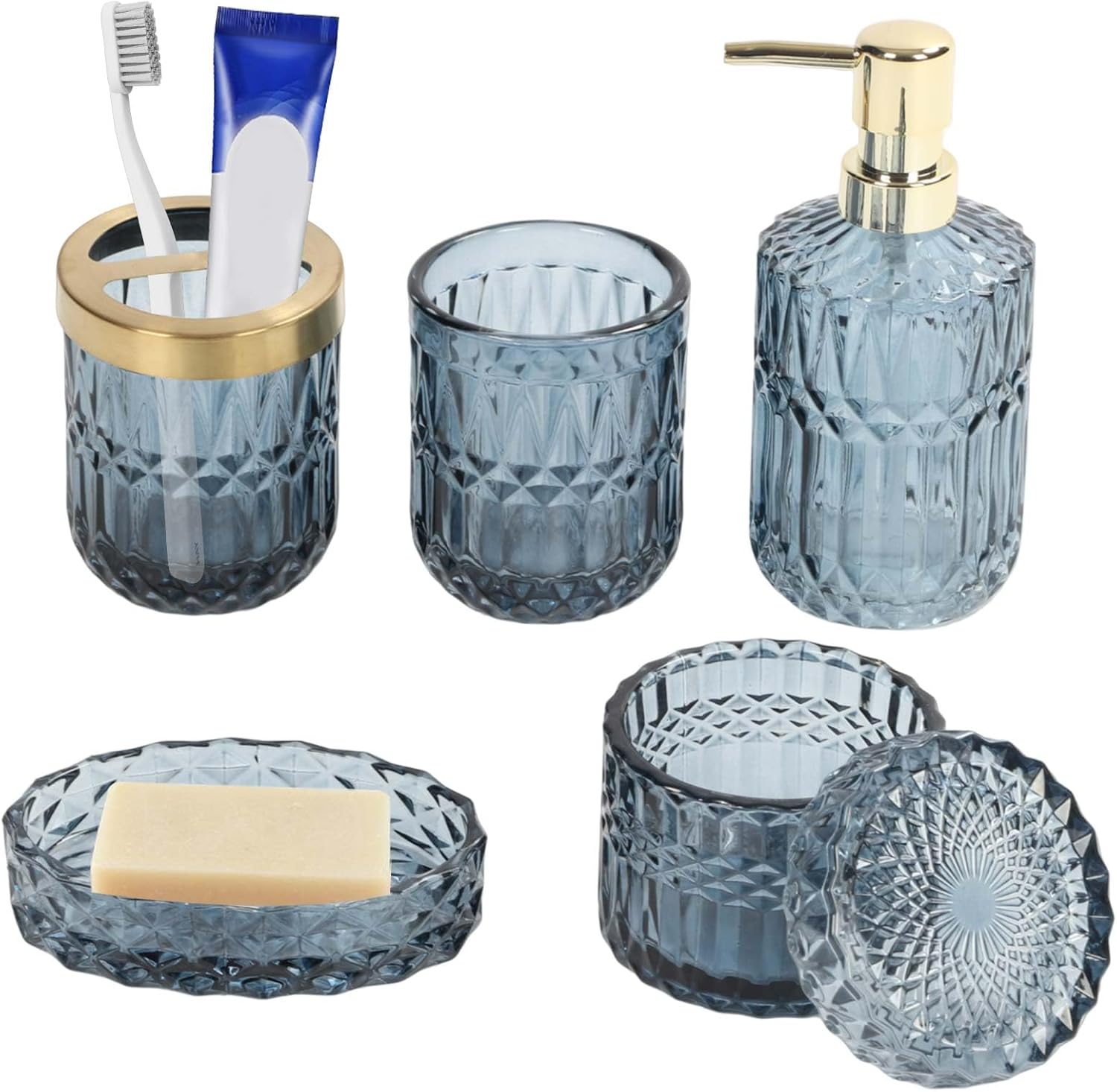 Juego completo de 5 piezas de accesorios de baño azules, soporte para cepillo de dientes, vaso, dispensador de loción, jabonera, tarros de hisopos
