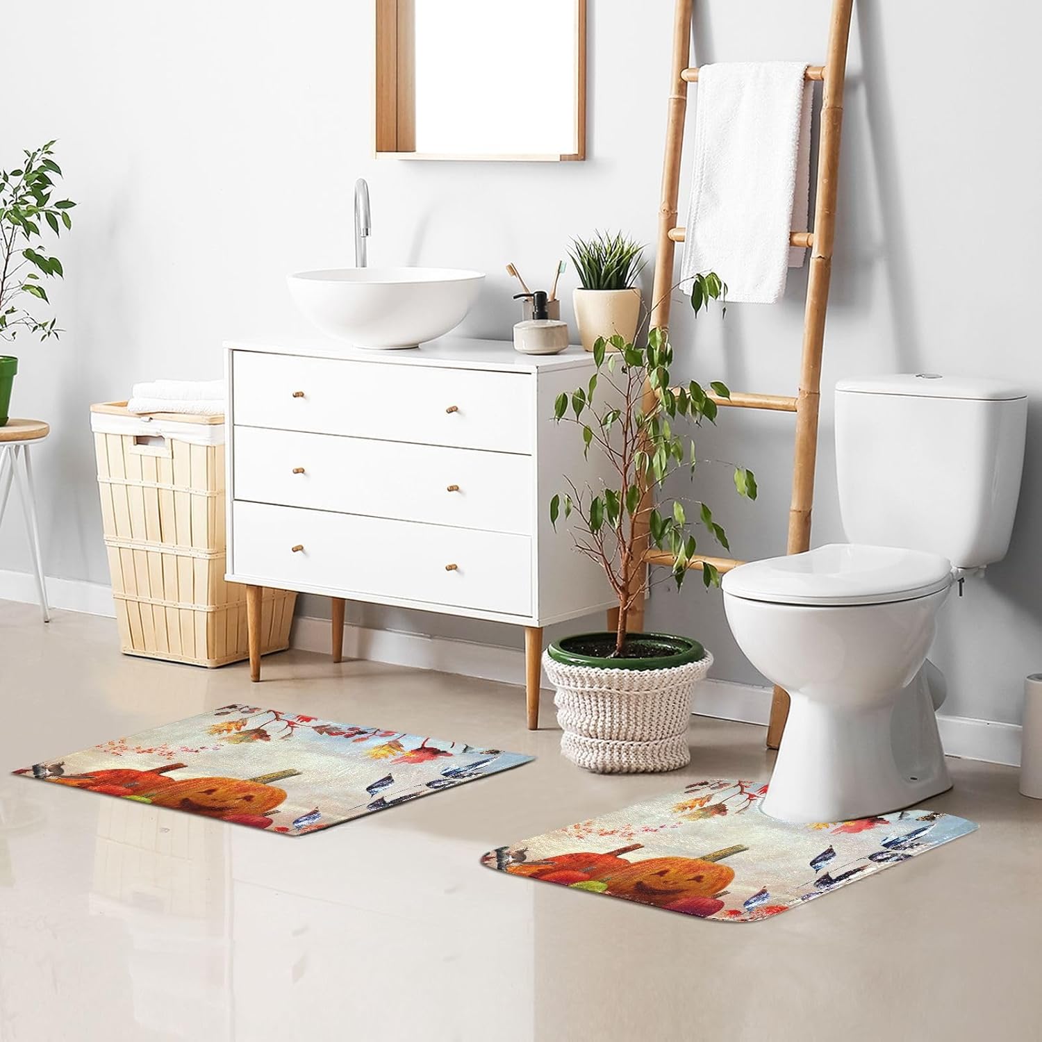 Bathroom Rugs Sets 2 Piece 24×16+24×20 Inch,Soft U-Shaped Contour Toilet Rug Halloween Pumpkin Retro Non-Slip Absorbent Bath Floor Mat Carpet Set