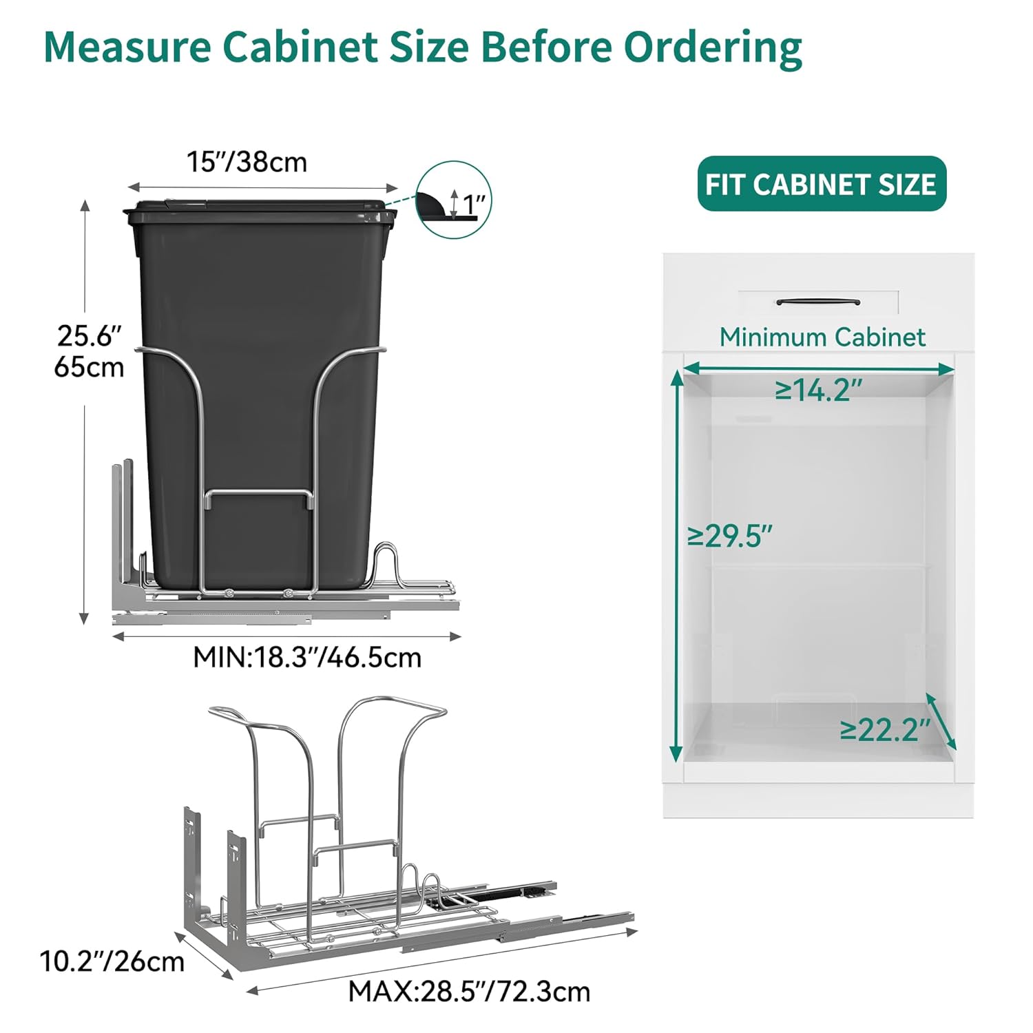 YITAHOME Contenedor de basura extraíble de 43 cuartos de galón (XL) con tapa para armarios mínimos de 14.2 pulgadas de ancho x 22.2 pulgadas de