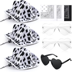 SATINIOR 9 unidades de sombrero de vaquero con estampado de vaca rosa, gafas en forma de corazón, pañuelos de vaquero de cachemira, sombrero de SATINIOR 9 unidades de sombrero de vaquero con estampado de vaca rosa, gafas en forma de corazón, pañuelos de vaquero de cachemira, sombrero de