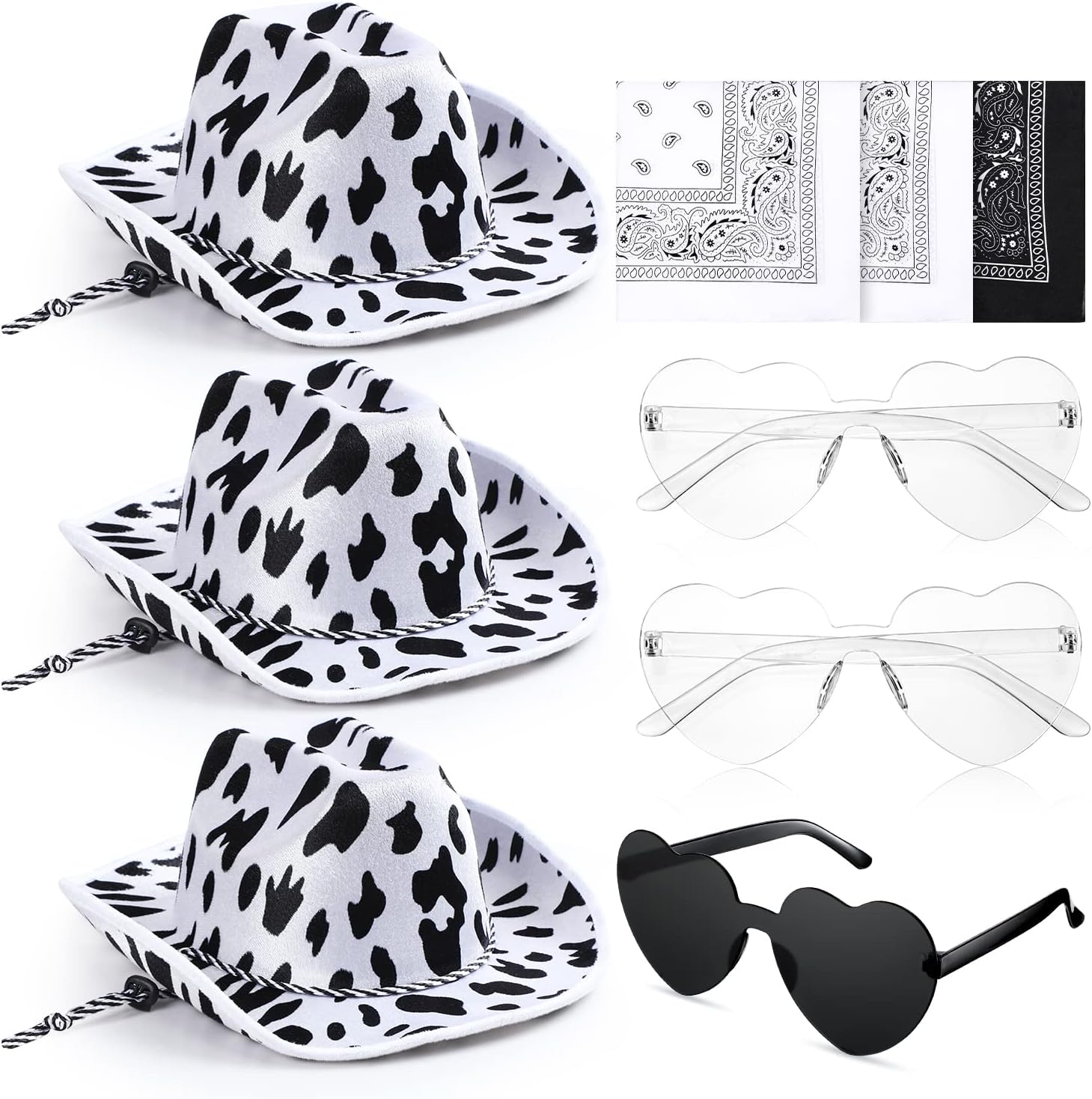 SATINIOR 9 unidades de sombrero de vaquero con estampado de vaca rosa, gafas en forma de corazón, pañuelos de vaquero de cachemira, sombrero de