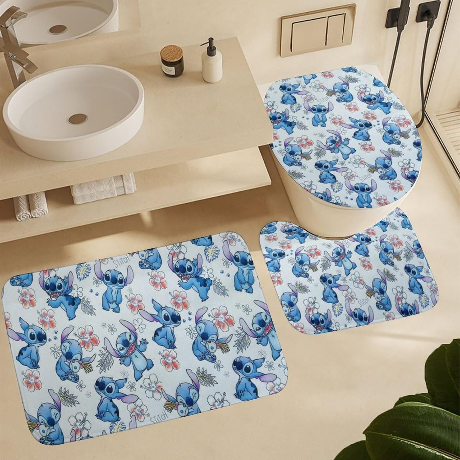 Juego de 4 cortinas de ducha de dibujos animados con alfombras antideslizantes, cubierta para tapa de inodoro y cortina de tapete de baño para