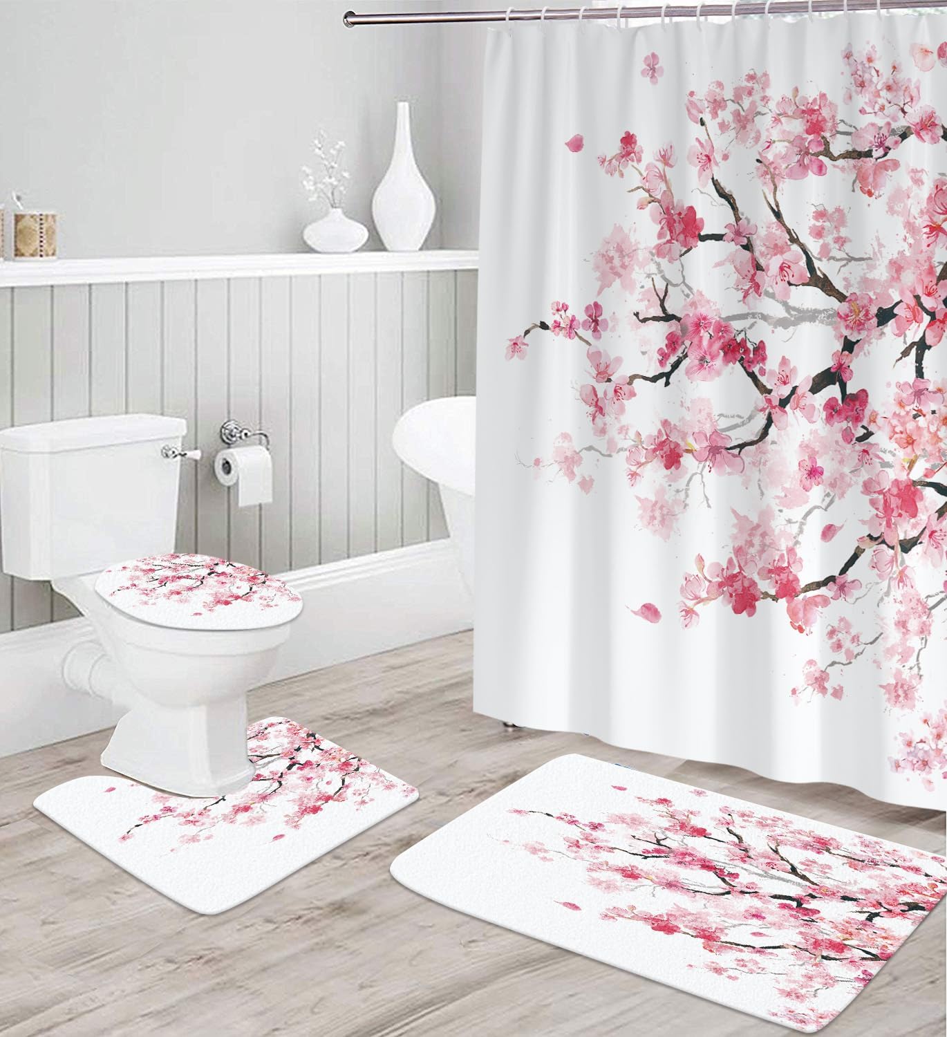 Juego de cortinas de ducha con diseño de flor de cerezo rosa, diseño de árbol de flores florales japonesas, kawaii, impermeable, 4 piezas,
