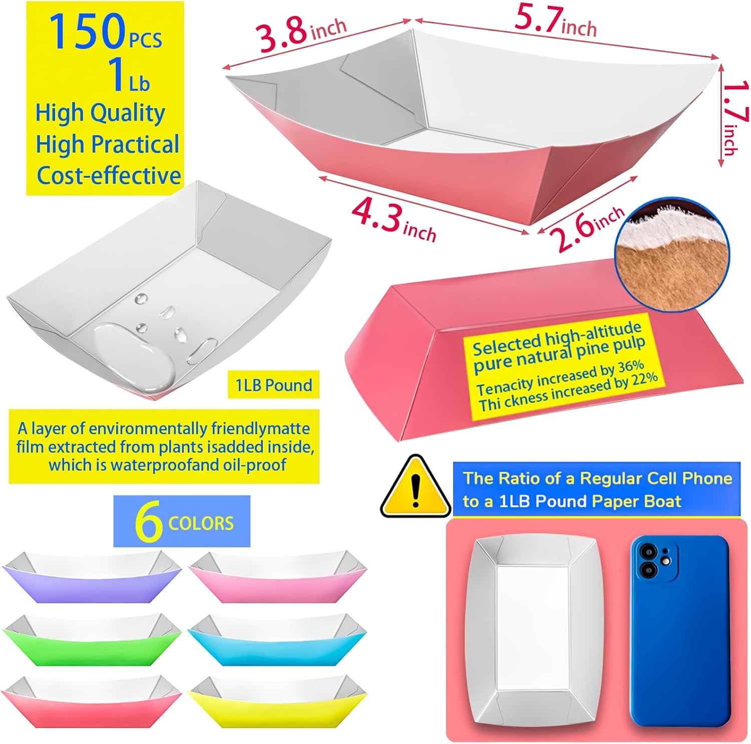 MotBach Paquete de 150 bandejas de papel coloridas de 1 libra, botes de papel desechables, botes de alimentos, botes de papel de colores, bandeja