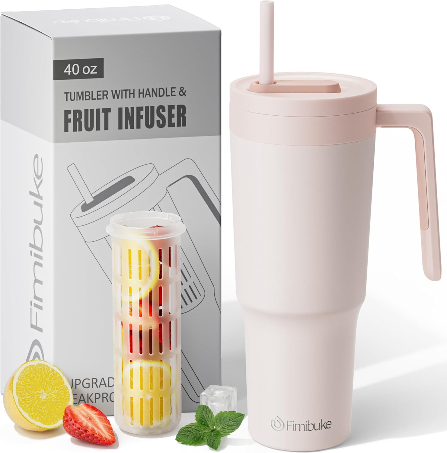 Fimibuke Vaso de 40 onzas con asa e infusor de frutas, taza aislada al vacío de acero inoxidable con tapa y pajilla, botella de infusión de agua,