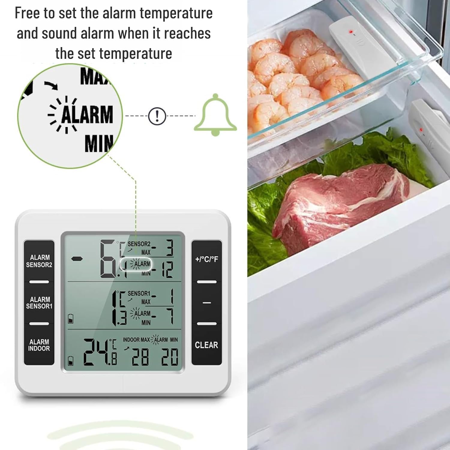 Termómetros para refrigerador con 2 sensores de temperatura inalámbricos, alarmas personalizables para refrigerador y congelador, función de