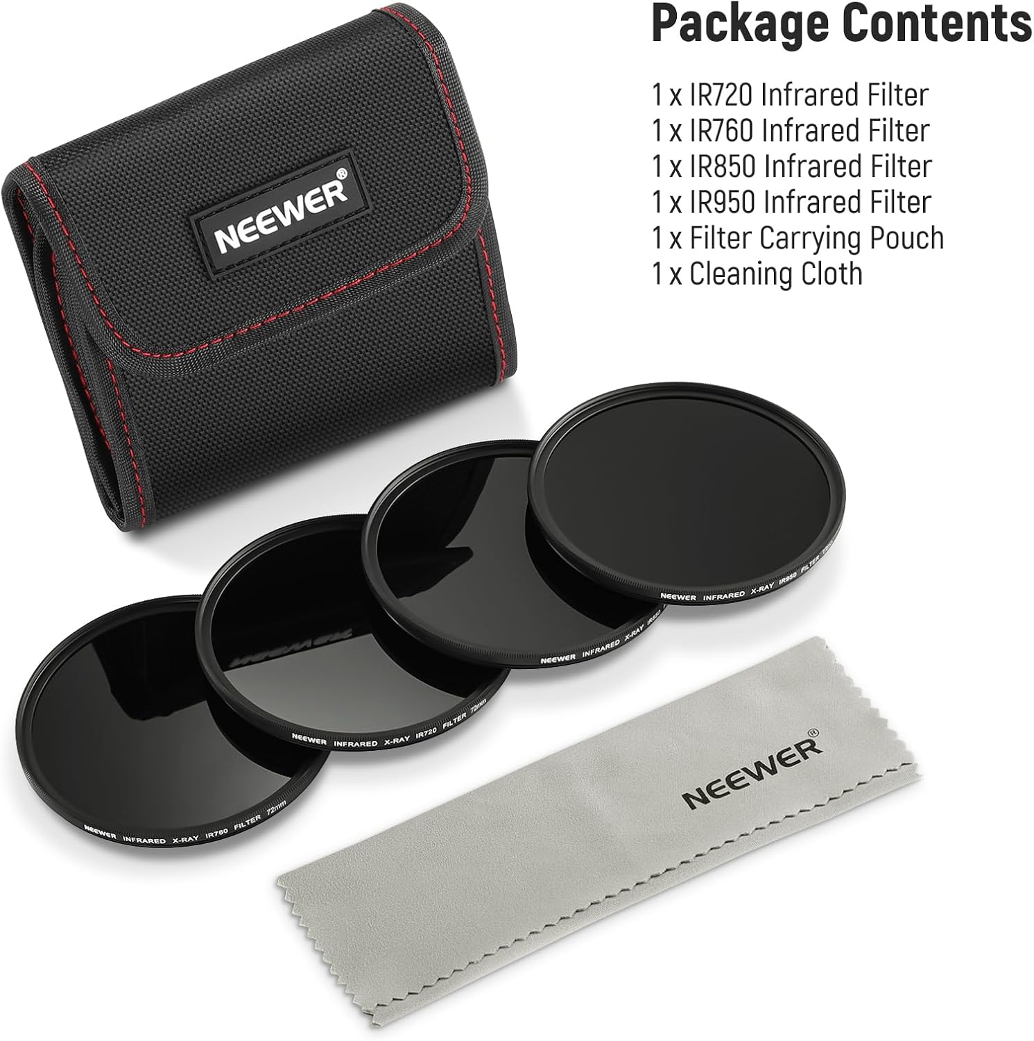NEEWER Juego de filtros infrarrojos de 2.835 in, paquete de 4 filtros IR IR720IR760IR850IR950 con bolsa de transporte con paño de limpieza,