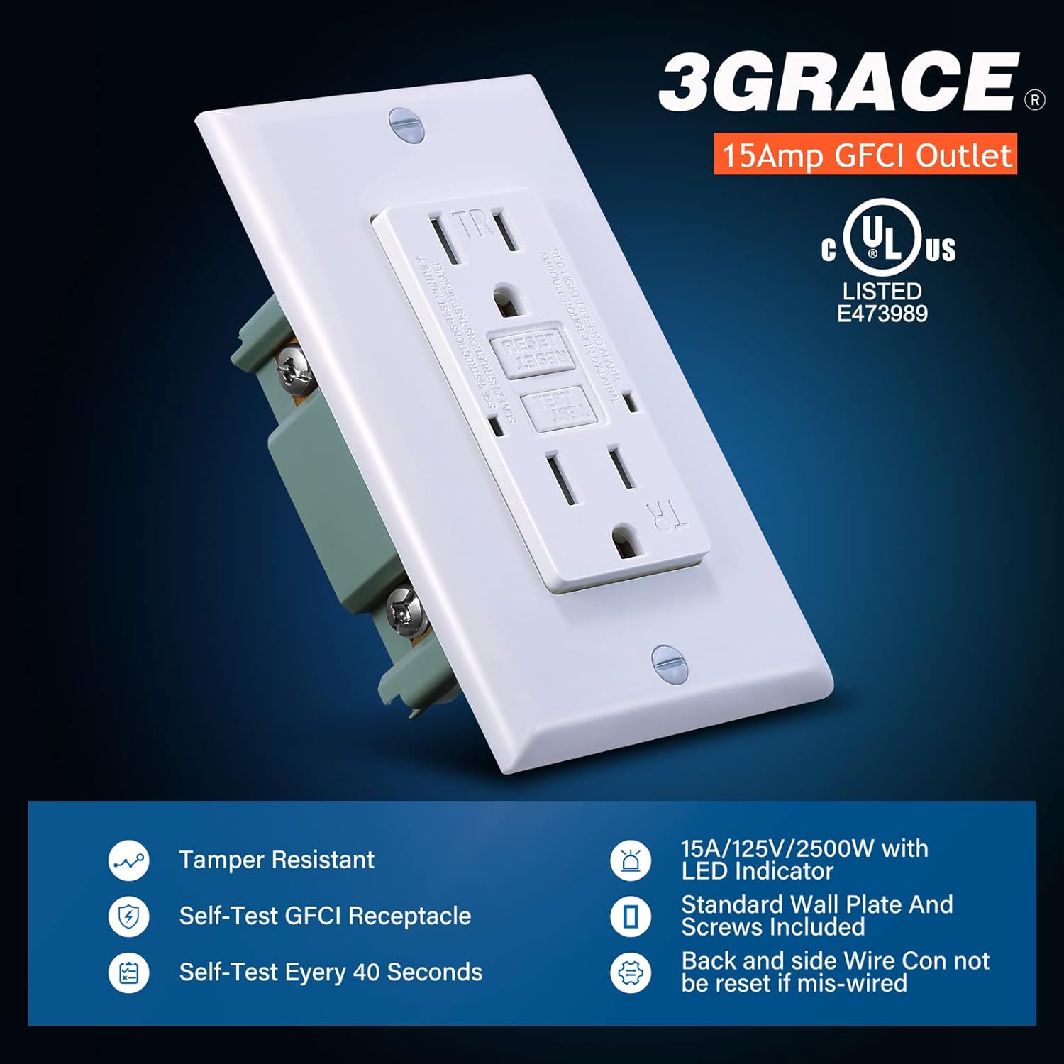 3GRACE Salida GFCI de 15 amperios, receptáculo GFI resistente a manipulaciones con indicador LED, interruptor de circuito de fallo de tierra de