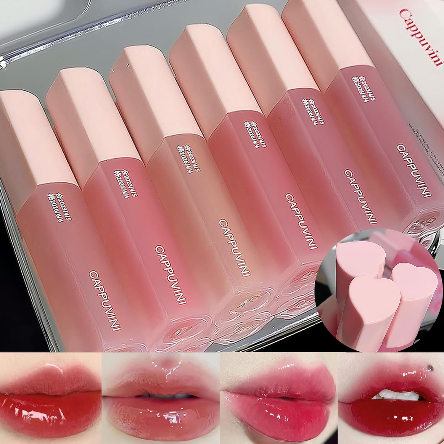 Juego de 6 brillos de labios rosa corazón, color vivo, acabado jugoso y brillante, tinte hidratante de larga duración altamente pigmentado,