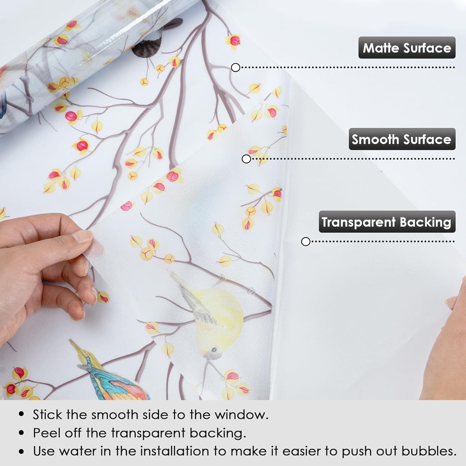 DKTIE Película decorativa para ventana de privacidad con herramientas de instalación, película de vidrio esmerilado de pájaro esmerilado,