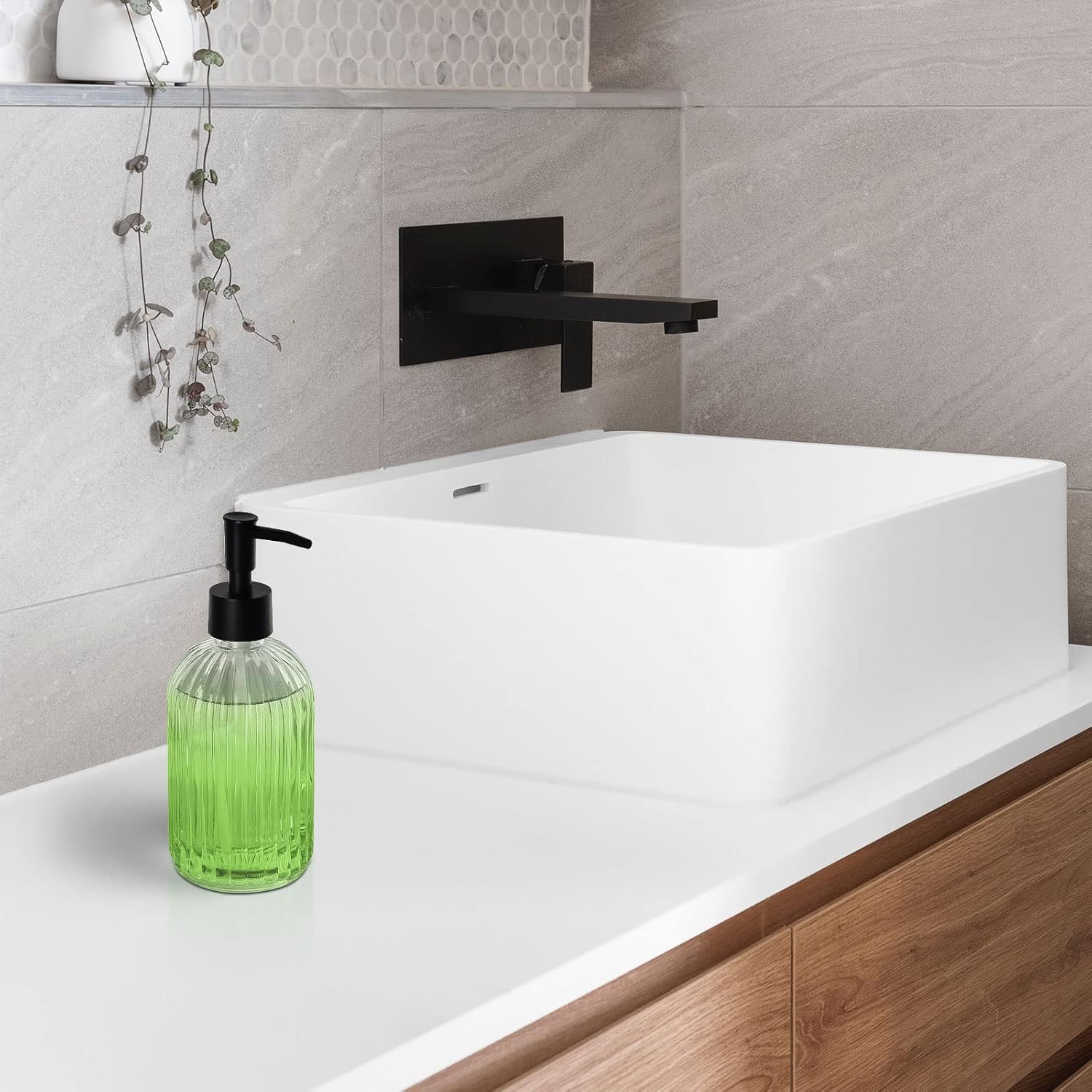 Top-spring Dispensador de jabón de vidrio de 13 onzas, paquete de 2 dispensadores de jabón de loción recargables para baño, fregadero de cocina,