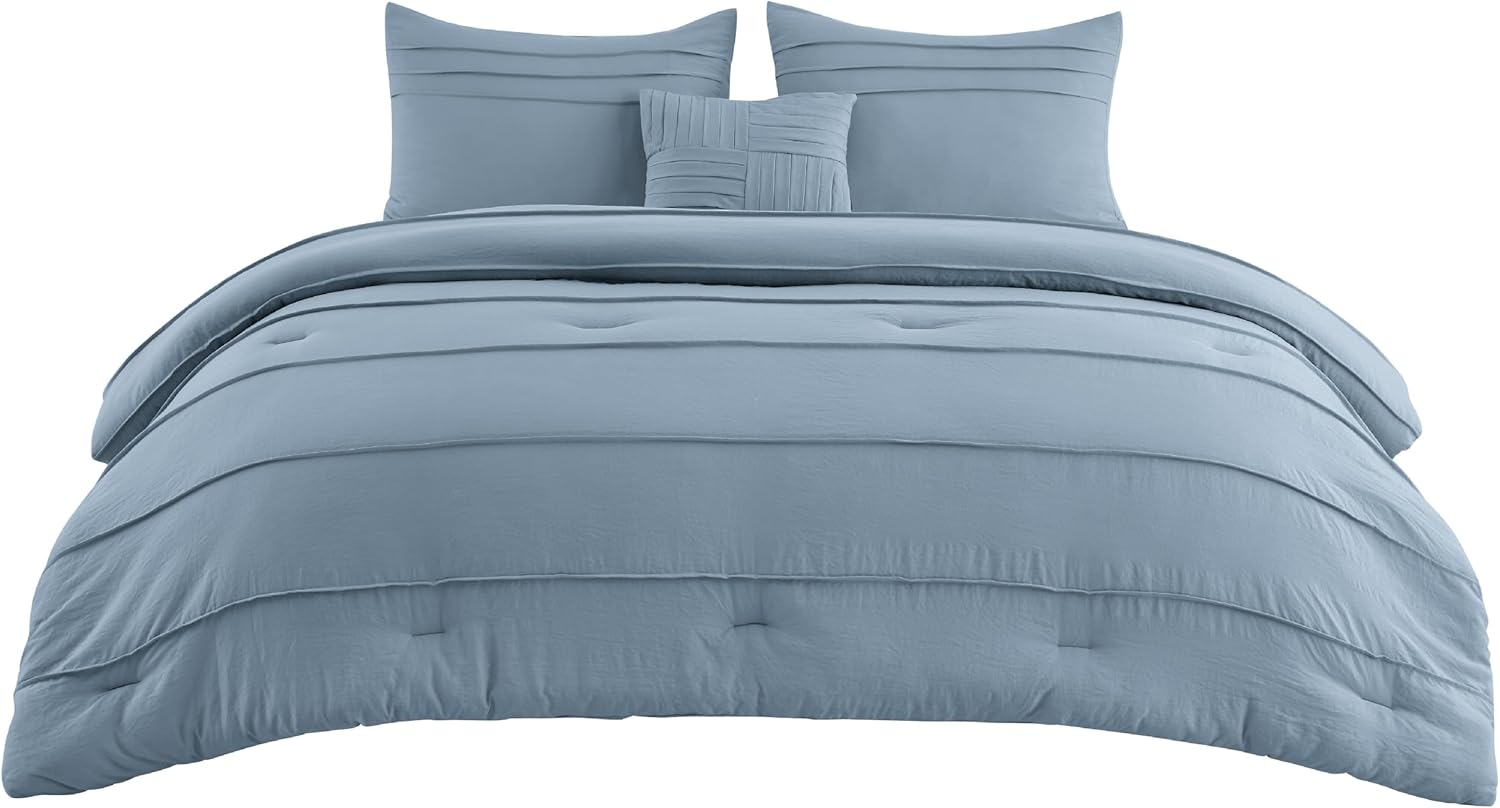 Bedsure Juego de edredón de 4 piezas, color azul claro, tamaño King, juego de cama plisado de plumón alternativo para todas las estaciones, 1