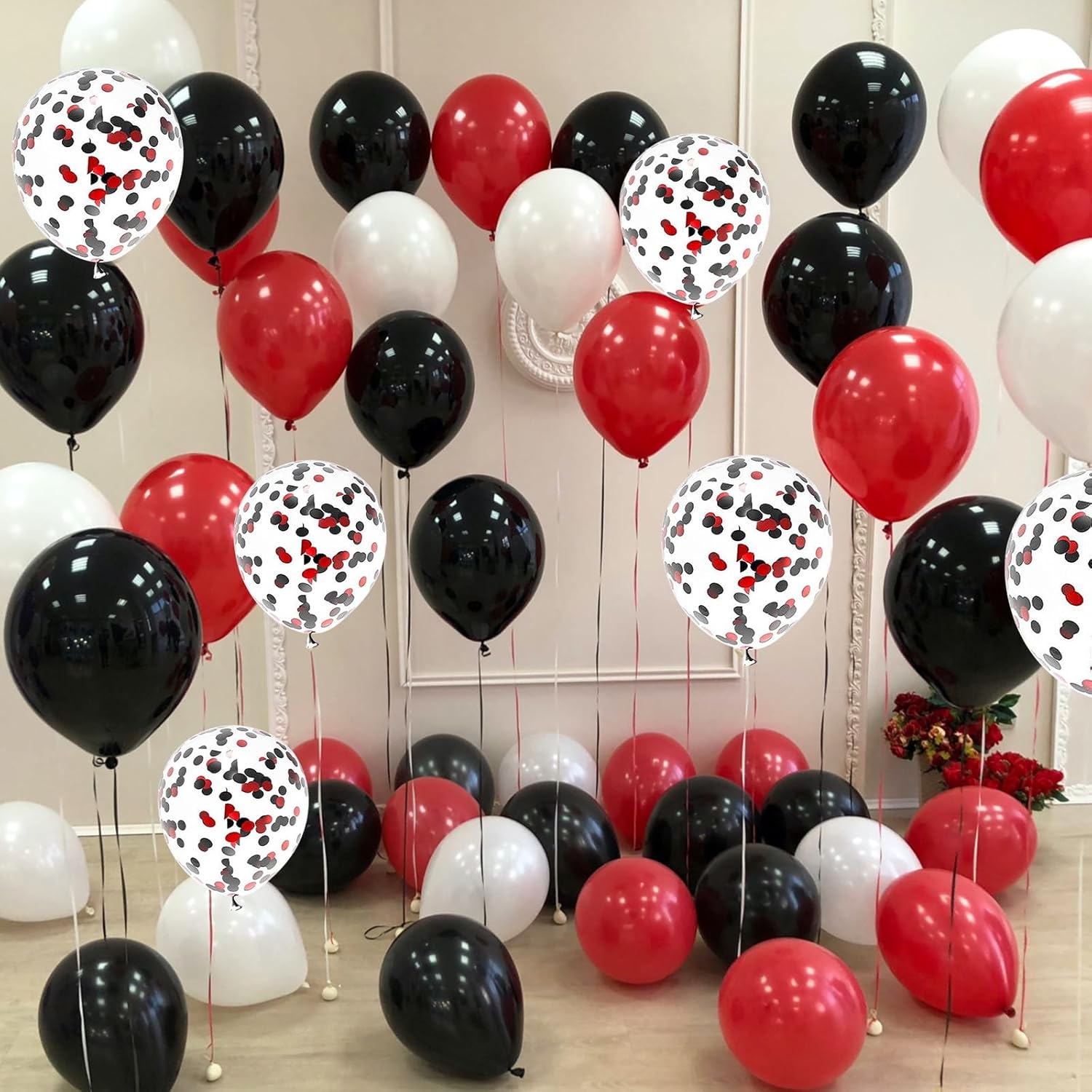 Globos de confeti negro y rojo, 60 paquetes de globos de fiesta negros y rojos de 12 pulgadas con cintas para hombres y mujeres, cumpleaños, bodas,