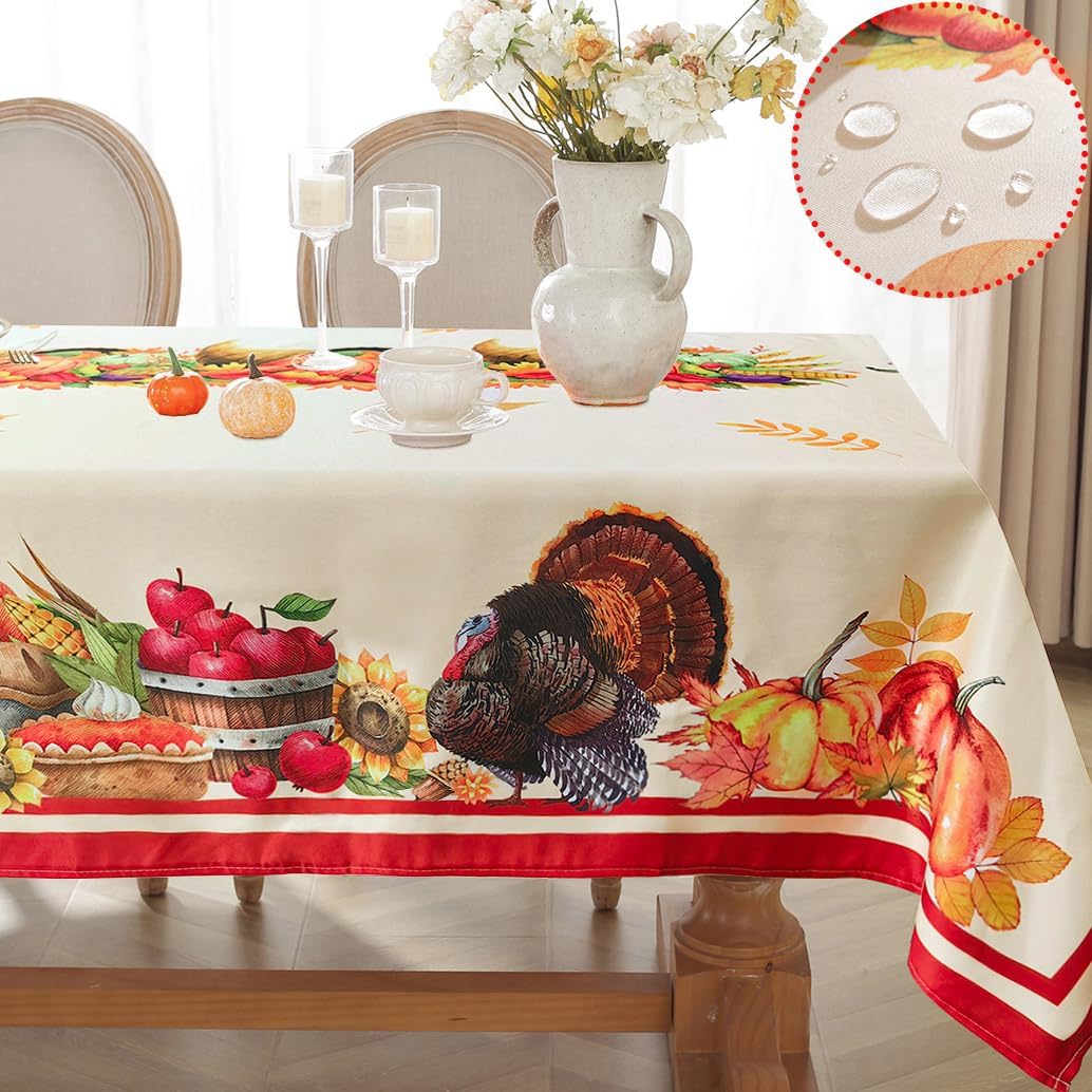 SASTYBALE Mantel rectangular de Acción de Gracias, a prueba de derrames, con estampado de pavo y calabaza, mantel decorativo para otoño, cosecha y