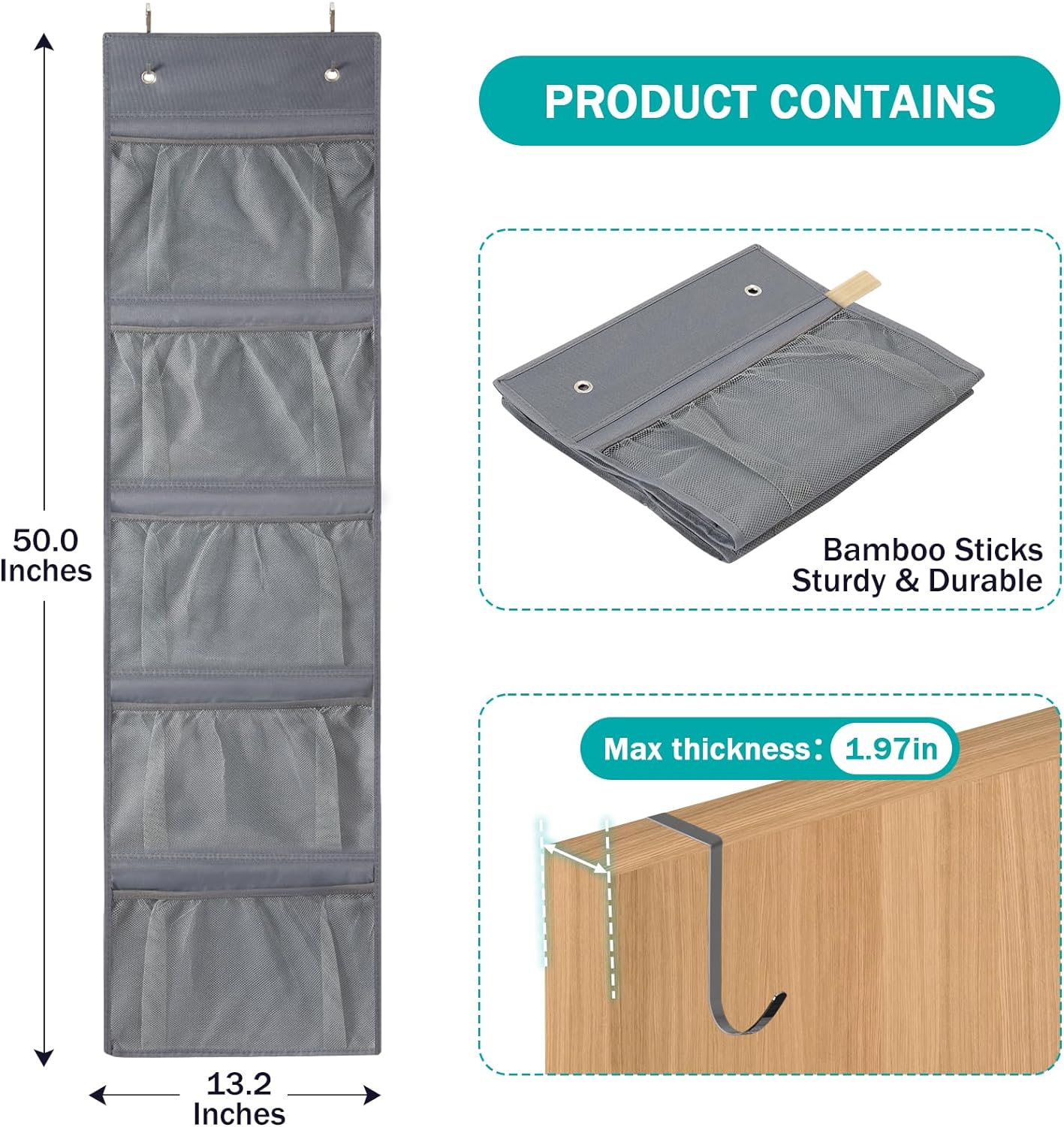 Organizador colgante de puerta para baño, organizador sobre puerta con 2 ganchos, organizador colgante de guardería, gris