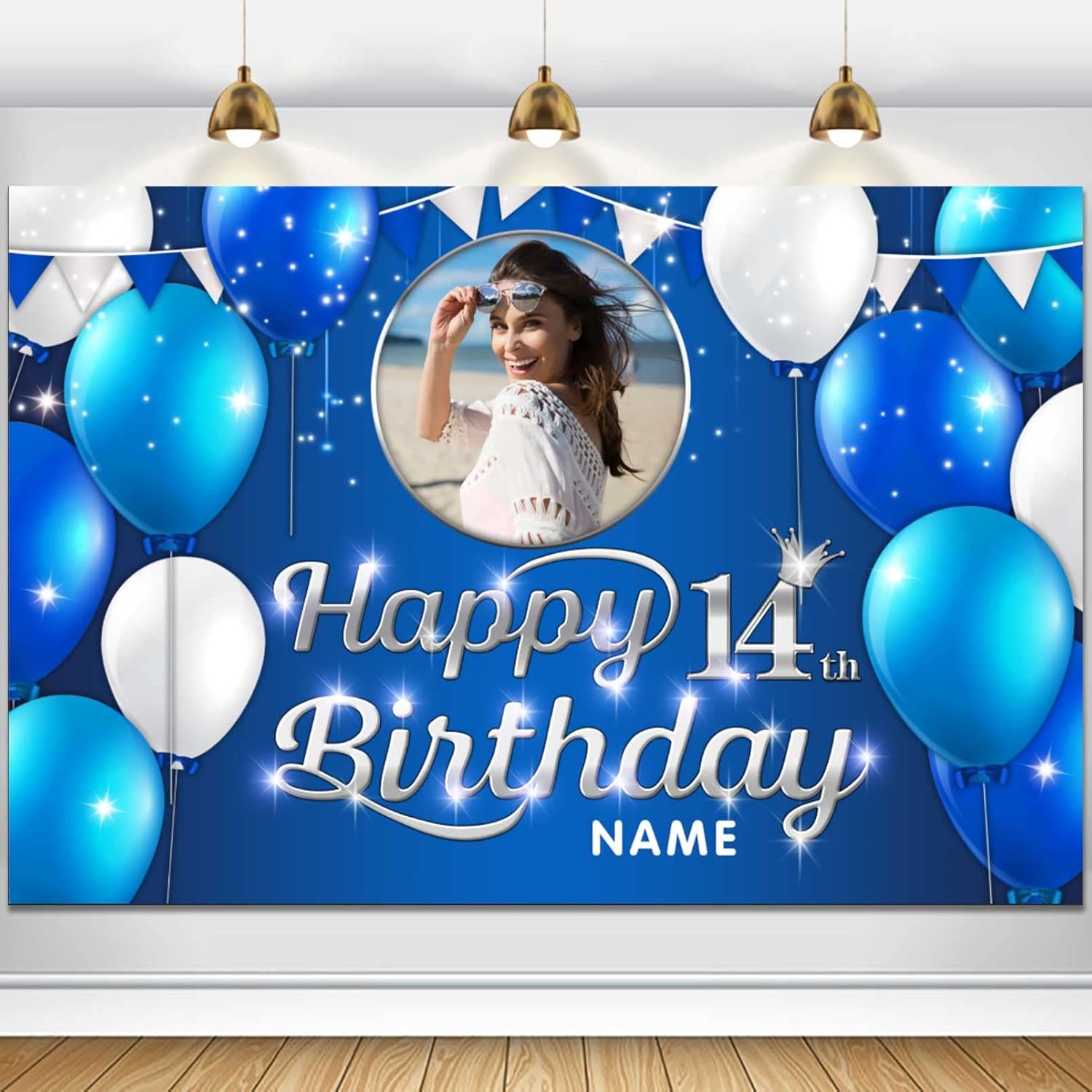 Cartel decorativo de feliz cumpleaños número 14, azul marino, personalizado con fotos y nombres
