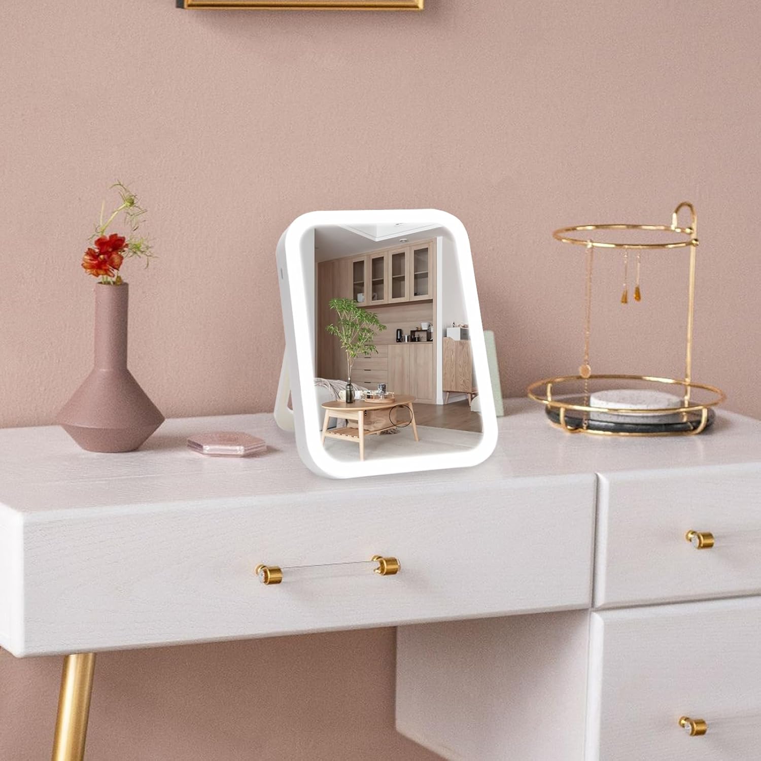 Nerien Espejo de maquillaje con luces, espejo de tocador iluminado, pantalla táctil regulable, espejo de viaje portátil con soporte en forma de U,