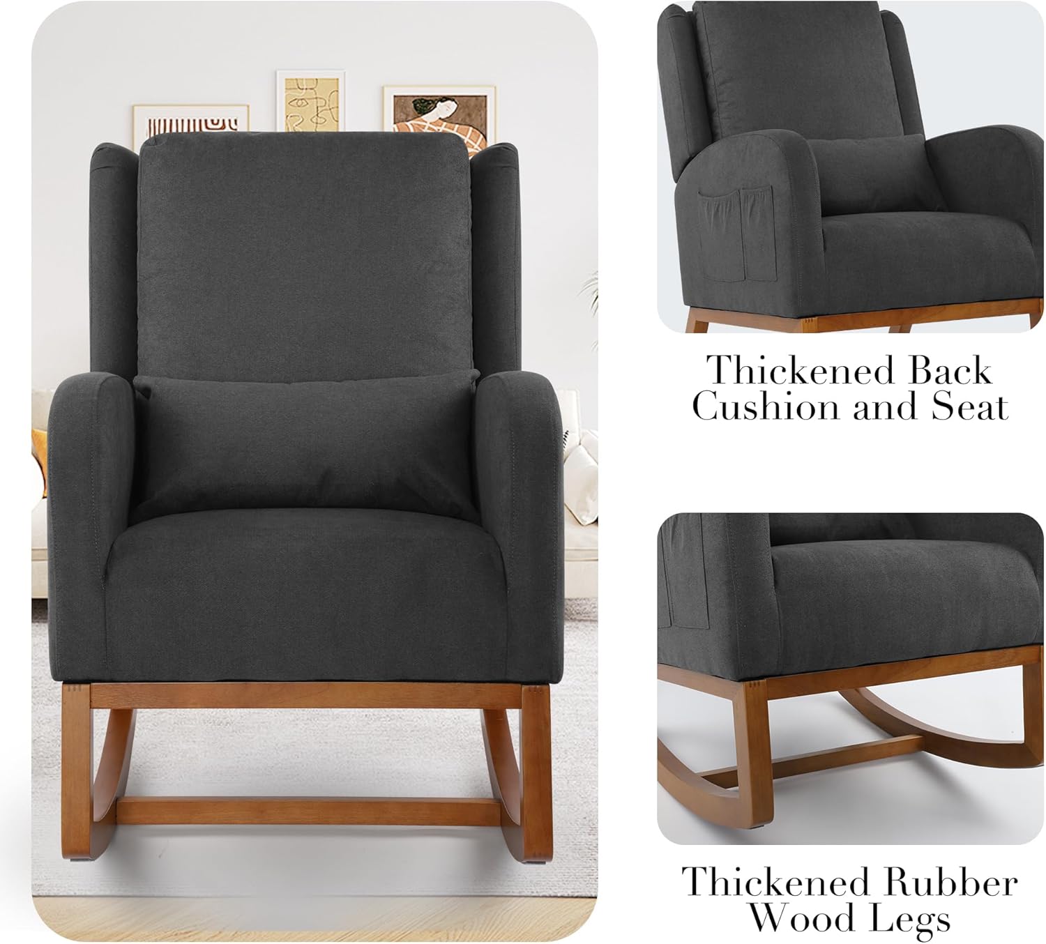 LSSBOUGHT Mecedora para guardería, acogedora silla reclinable con respaldo alto con almohada y patas de madera para sala de estar, dormitorio,