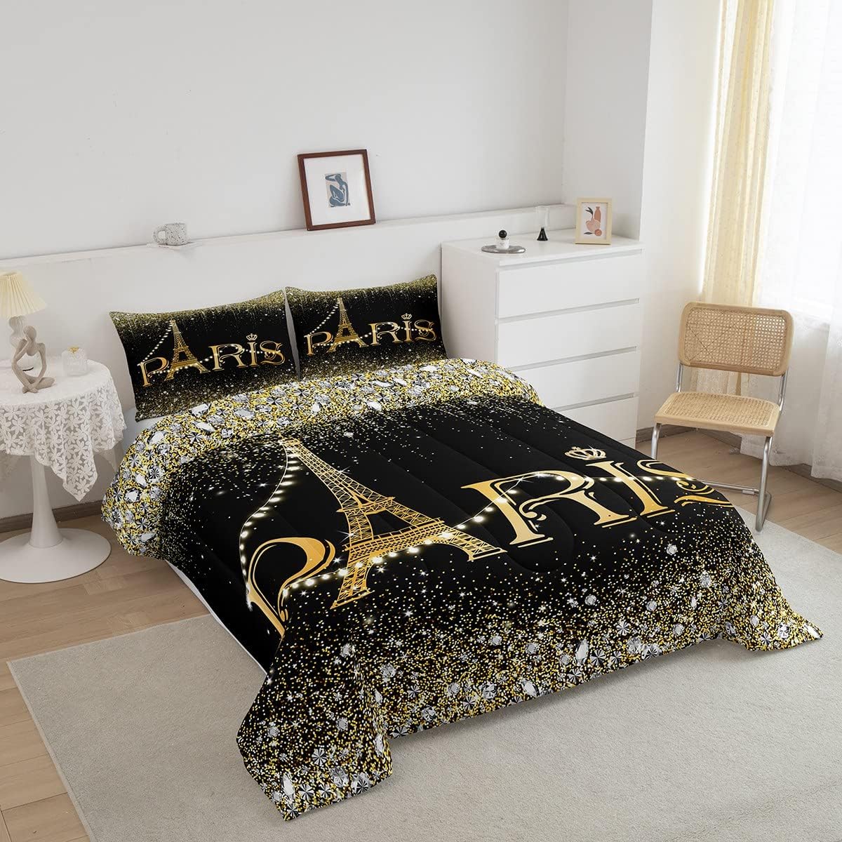 Juego de ropa de cama de París negro y dorado para mujer, juego de edredón de torre Eiffel con purpurina femenina para regalo del día de San