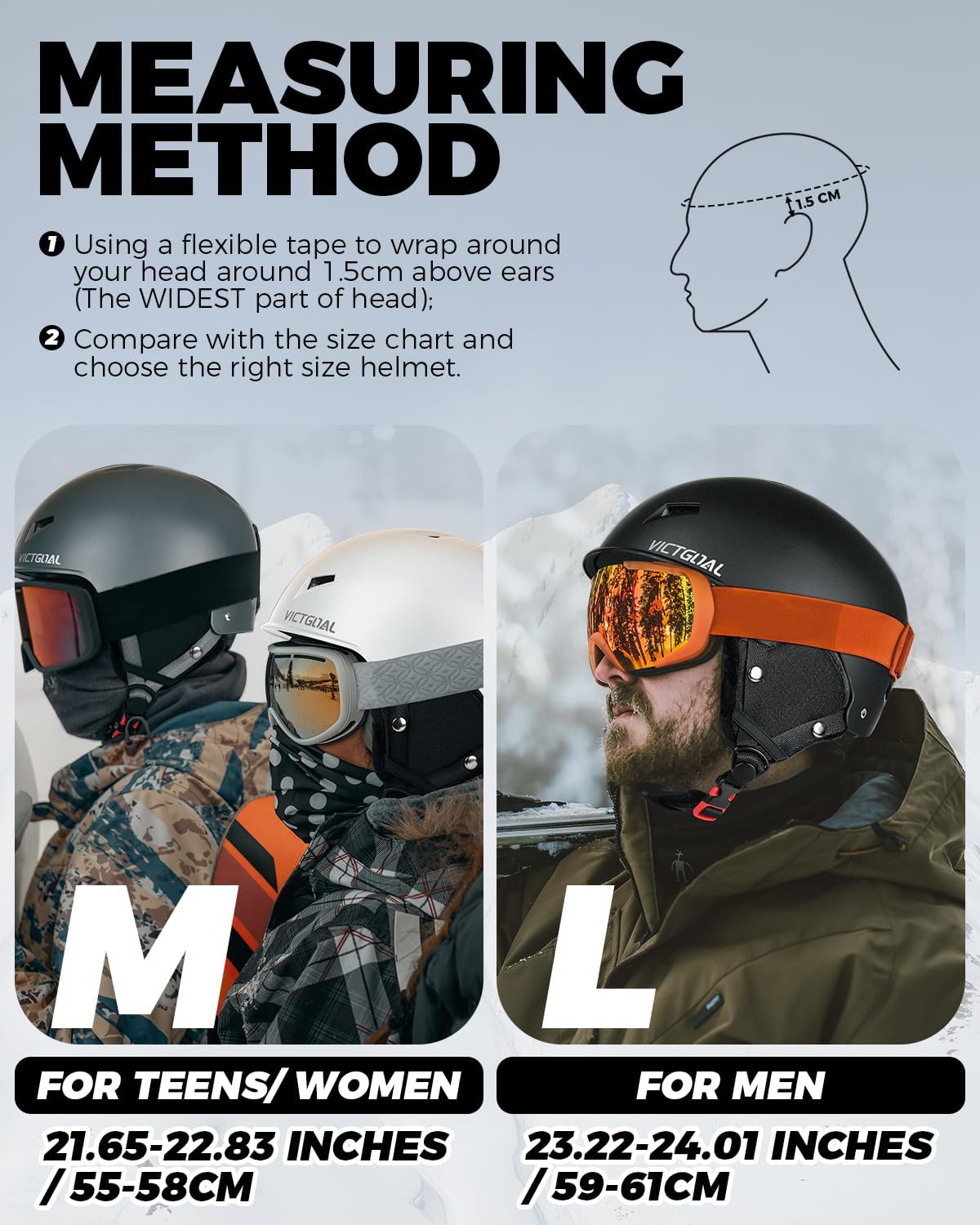 VICTGOAL Casco de esquí para adultos, hombres y mujeres, casco de snowboard con orejeras, carcasa de ABS y casco de nieve de espuma EPS ML tamaño