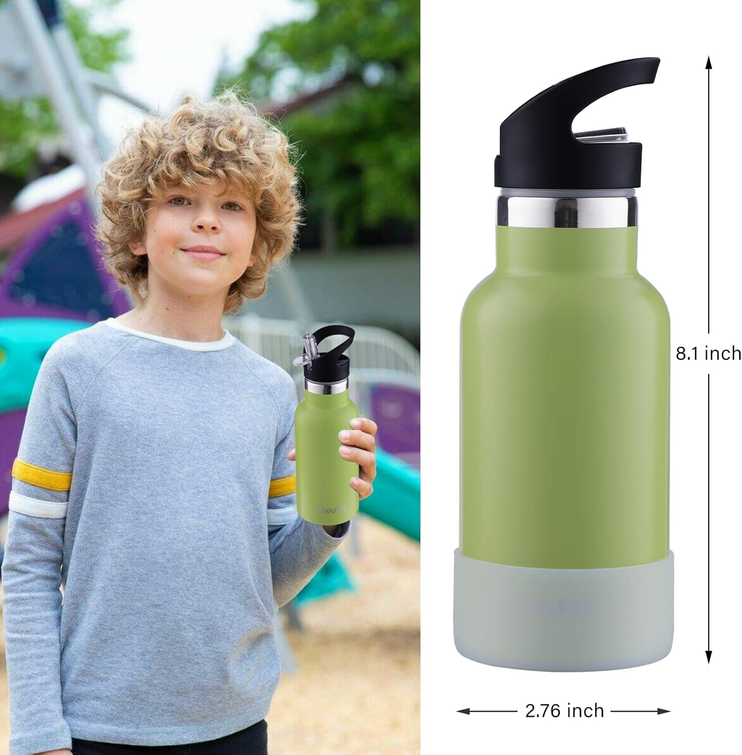 Botella de agua para niños de 12 onzas con tapas de pajilla, botella de metal de acero inoxidable para niñas y niños