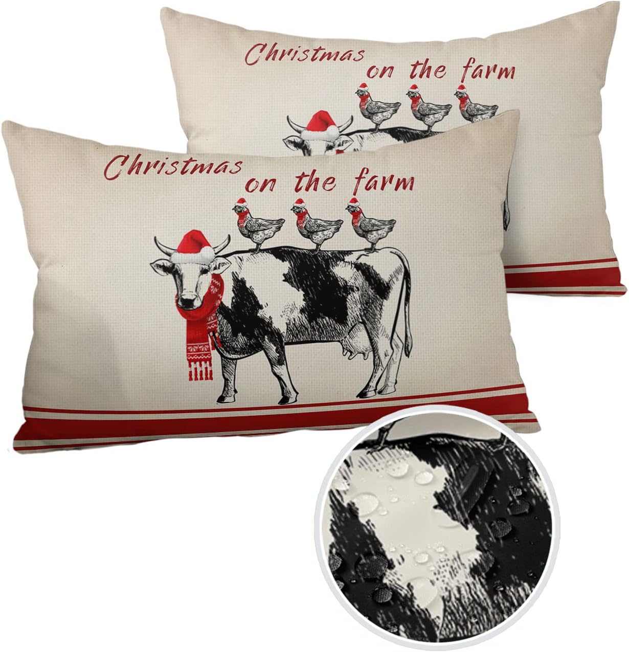 2 Packs Throw Pillow Covers Rectangle 20″ x 12″, Christmas on The Farm Farm Animal Cow Chicken Vintage Waterproof Couch Cushion Cover for Sofa
