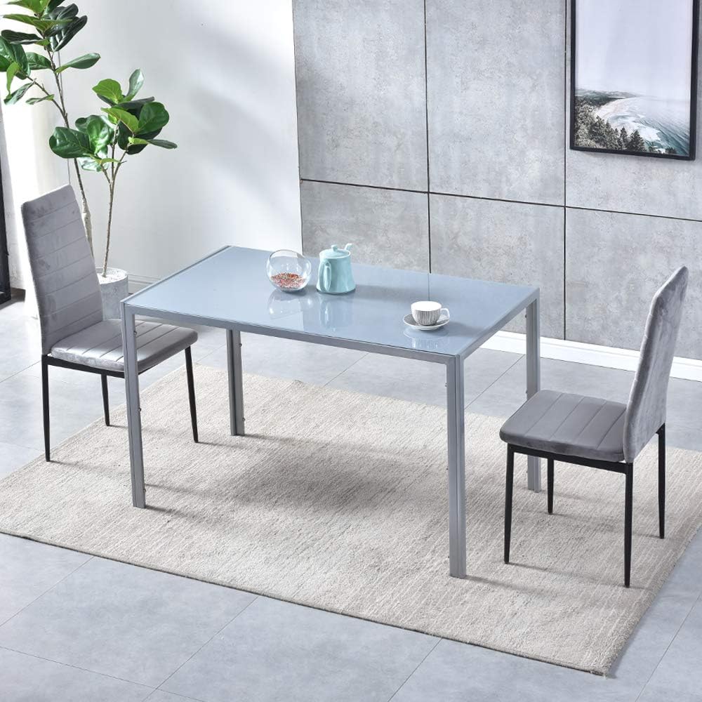 Mesa de comedor de vidrio gris rectangular con patas de metal Marco de metal Mesa de cocina de vidrio para 4 personas (gris)