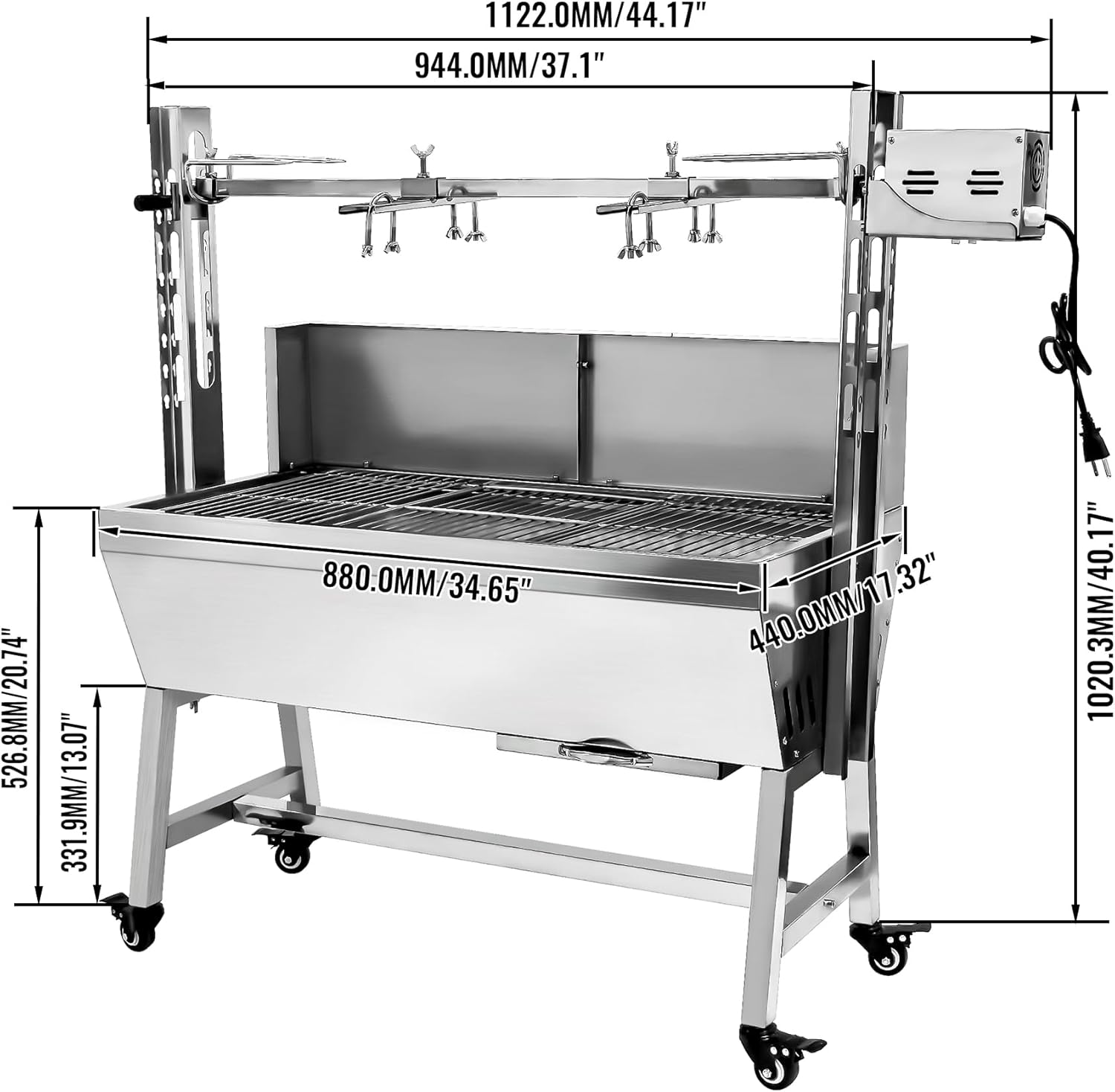 Parrilla asadora de acero inoxidable con protector de cubierta trasera, motor de 25 W, asador de cordero de cerdo pequeño, parrilla de asador de