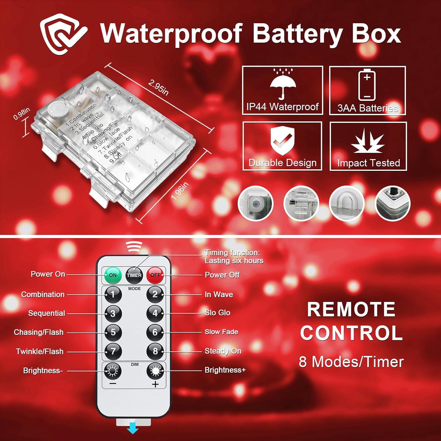 JMEXSUSS Paquete de 2 luces rojas que funcionan con pilas. Total de 200 luces LED de Halloween rojas de 66 pies con control remoto, 8 modos de luces