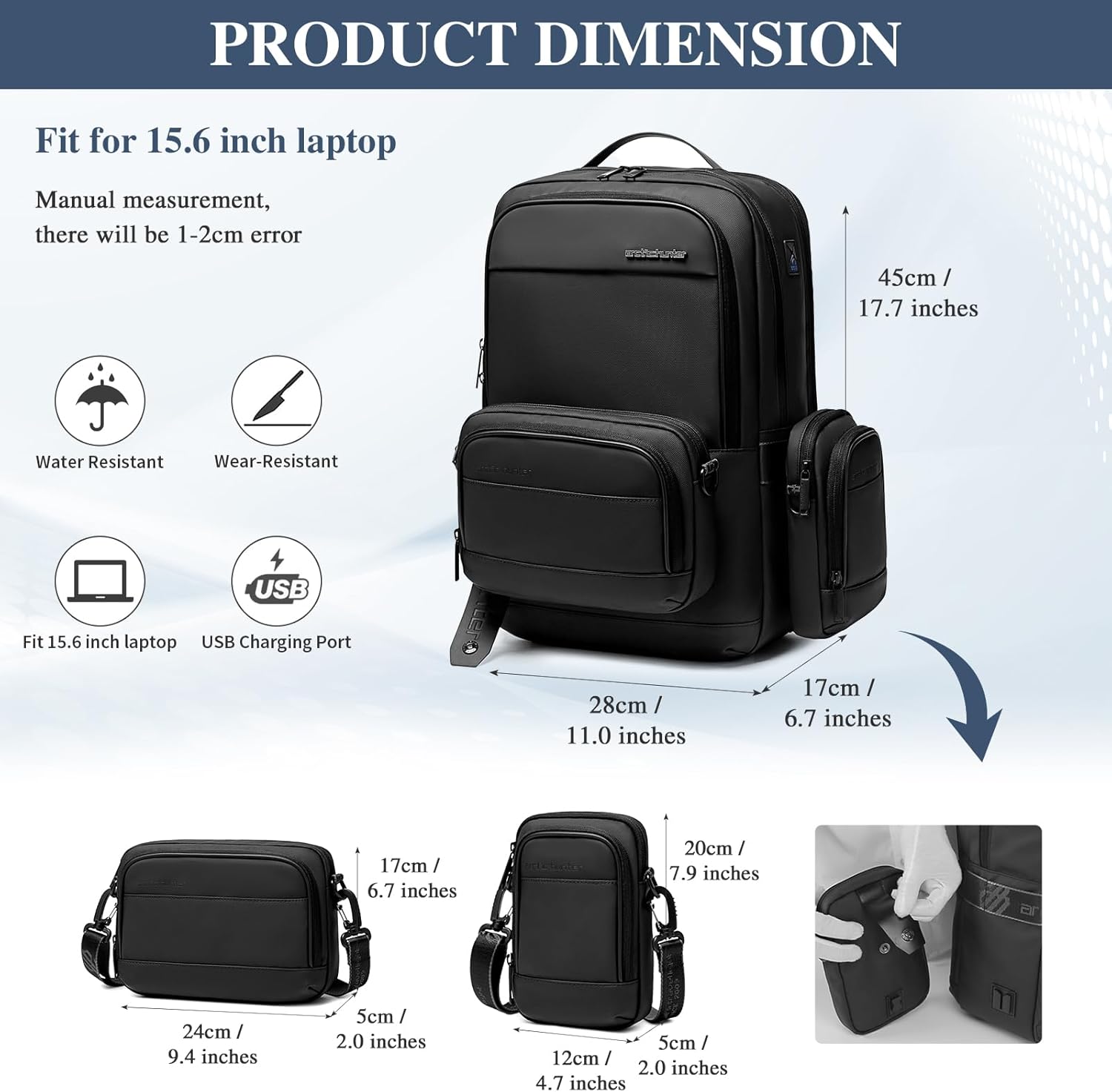 UBORSE Smart Business Backpack 15.6 inch Laptop Backpack 3 in 1 Slim Travel Backpack for Airplanes with Detachable Crossbody Bag & Cell Phone Bag