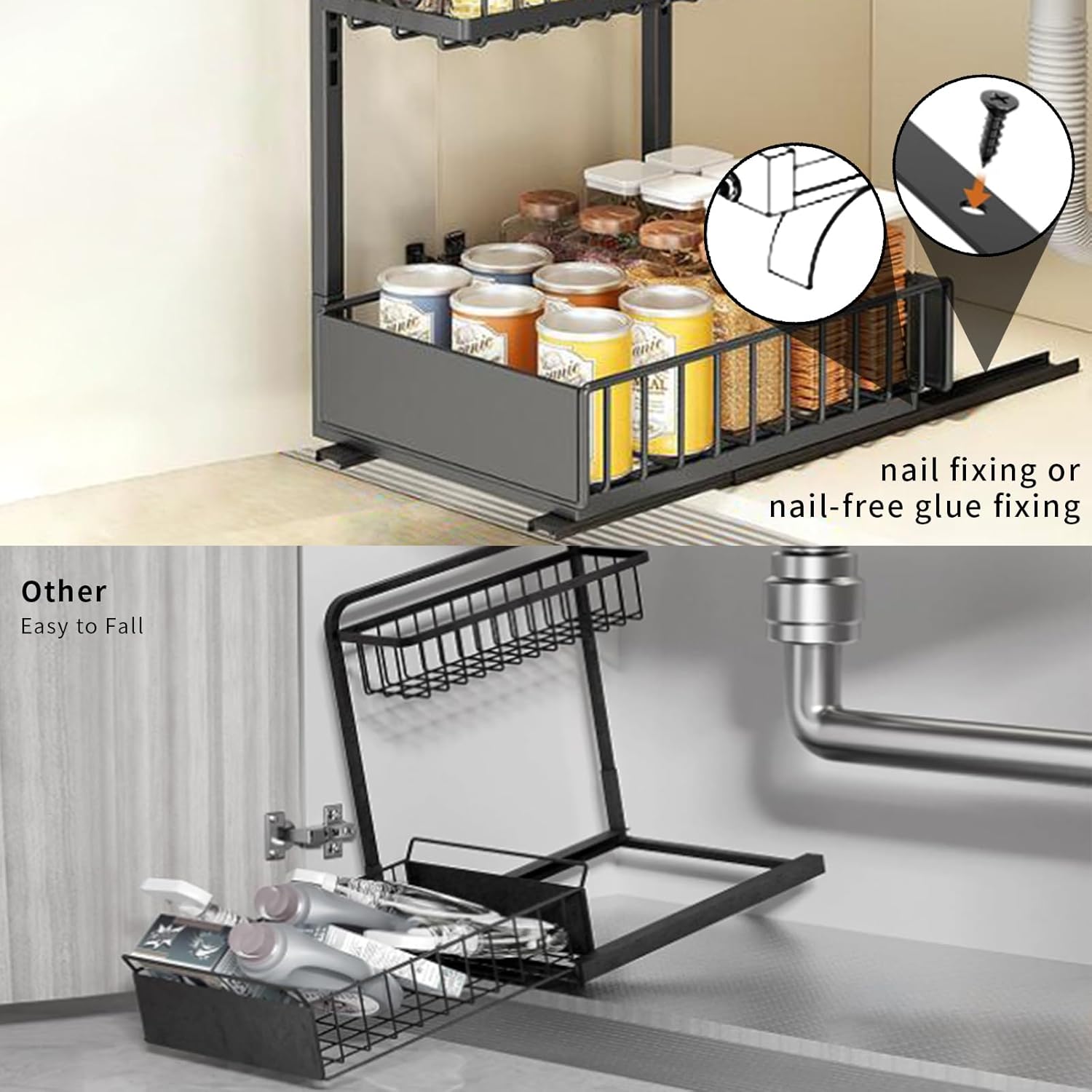 Organizador para debajo del fregadero, organizador ajustable de 2 niveles con ganchos, estante deslizante para debajo del gabinete, organizador