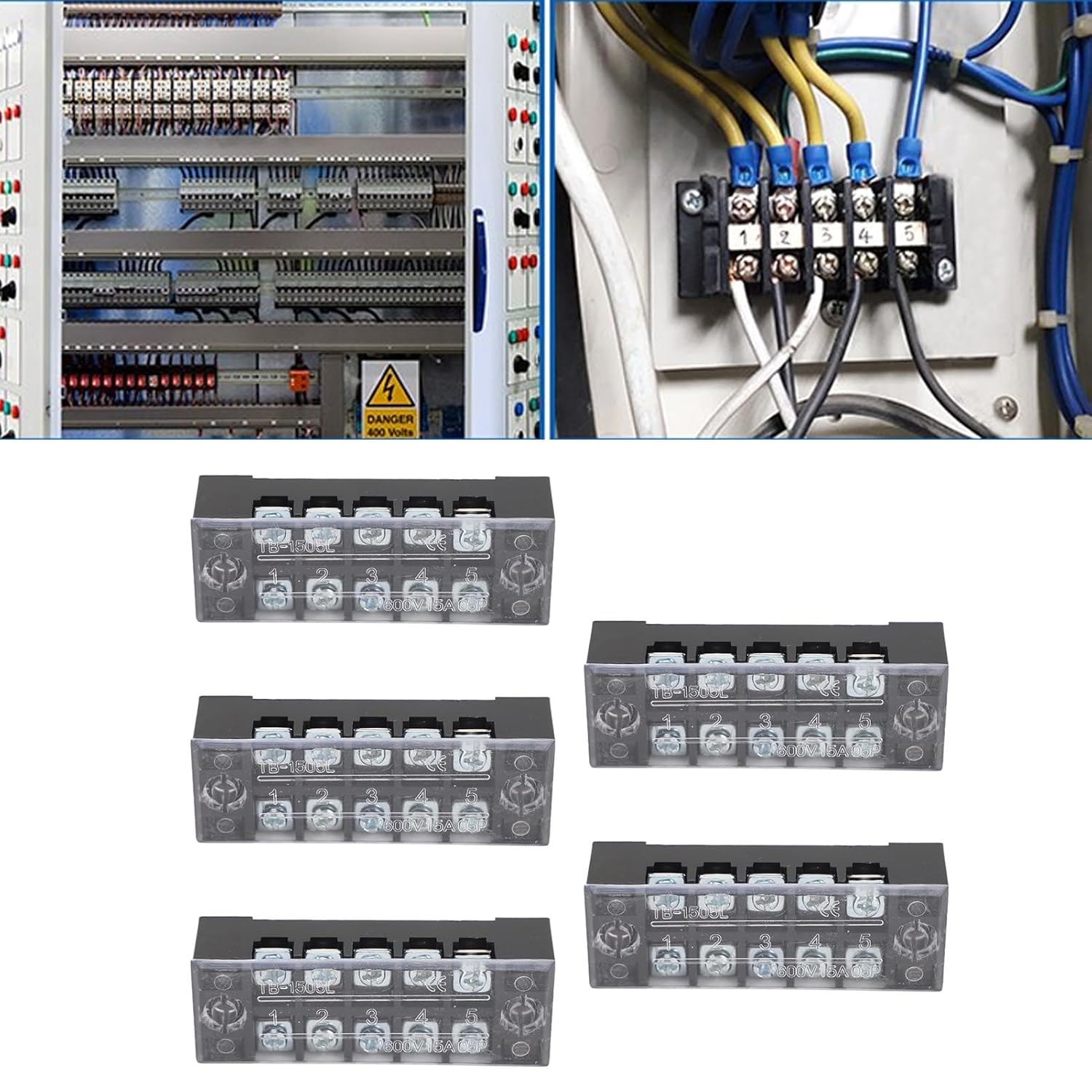 Bloque de distribución de energía de 600 V 15 A, bloques de regleta de terminales, barra de autobús, 5 terminales, bloque de distribución de energía