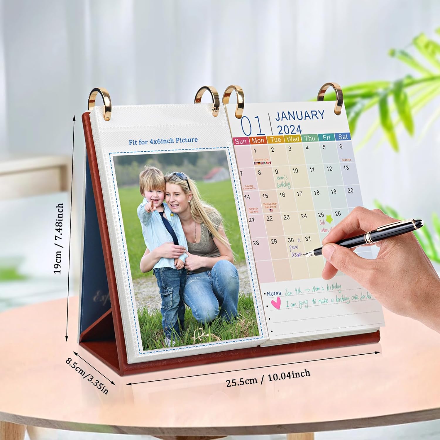 ZEEYUAN Álbum de fotos de pie de 4 x 6 pulgadas con calendario de escritorio de enero de 2024 a junio de 2025, 40 bolsillos de 4 x 6 pulgadas para