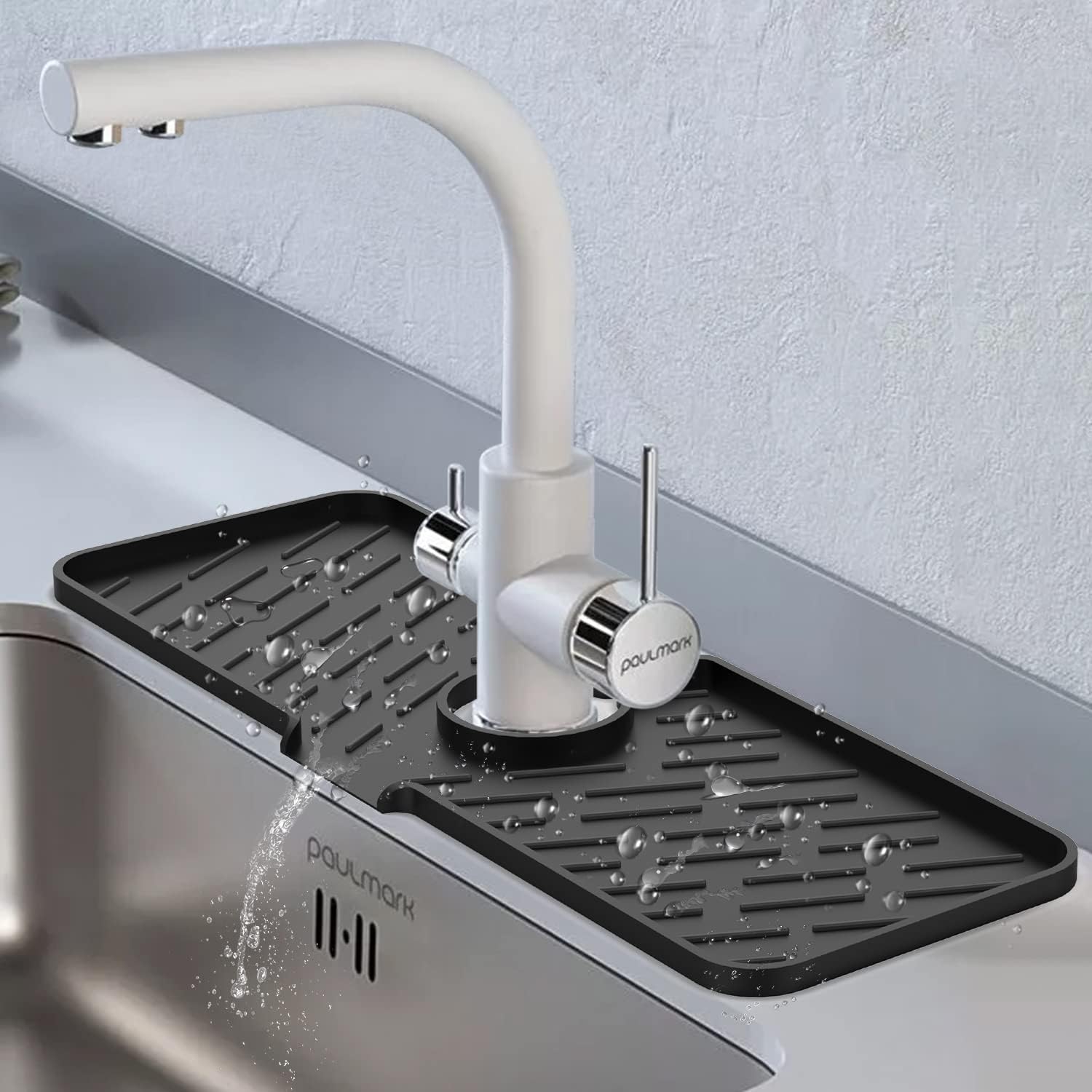 Protector de salpicaduras de silicona para grifo, tapete de recogedor de agua de 18 x 6.3 pulgadas, alfombrilla de silicona más larga, bandeja