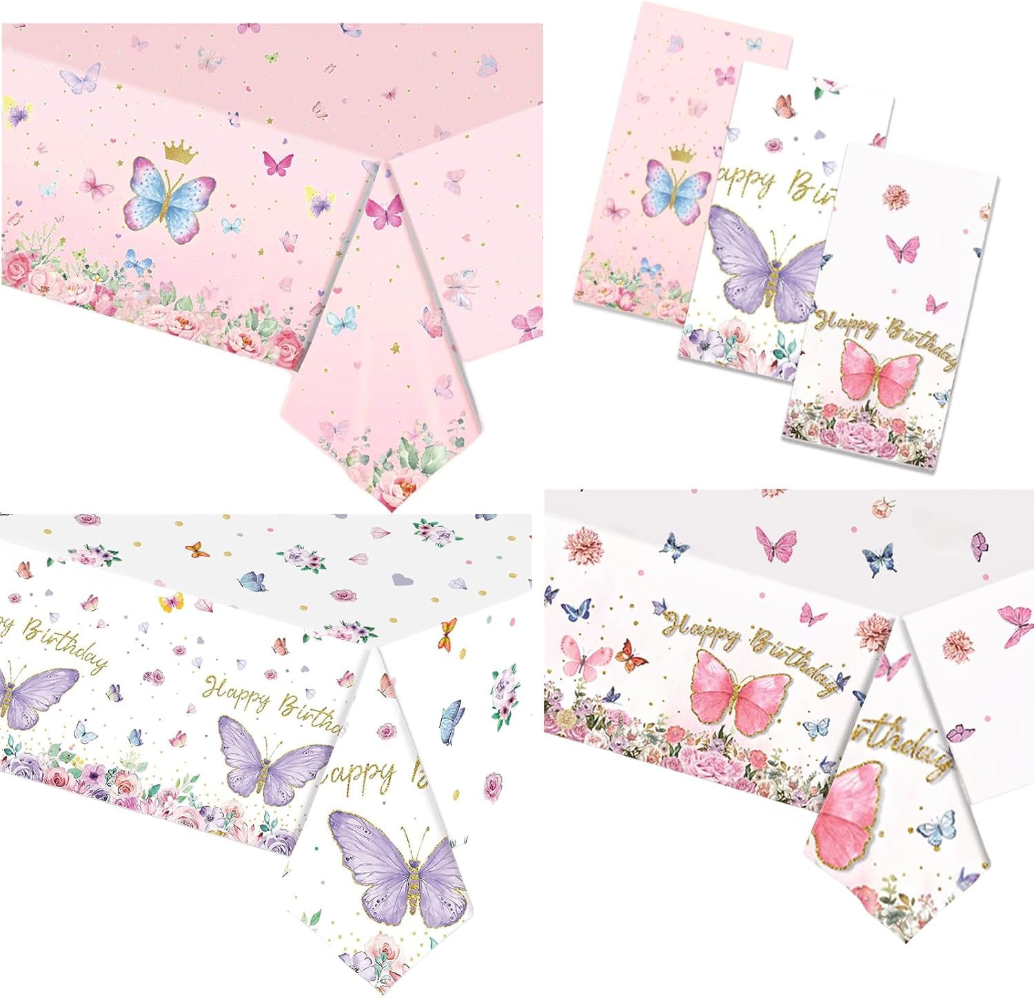 3 manteles de mariposa de feliz cumpleaños, decoración de fiesta de cumpleaños de mariposa para niña, 108 x 54 pulgadas, cubierta de mesa de