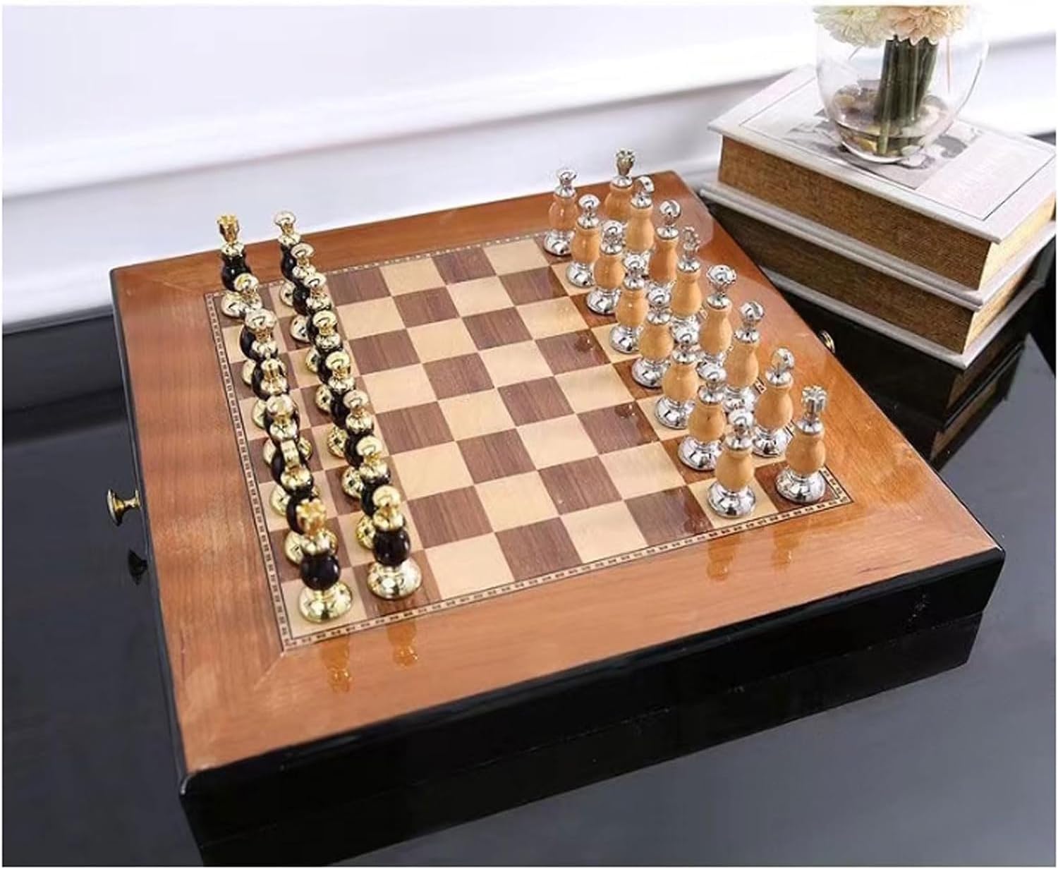 GAENZA Nuevo juego de ajedrez profesional de lujo, juego de ajedrez con pieza de ajedrez de metal y ranuras de almacenamiento, juego de mesa de