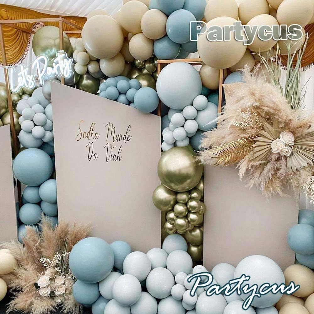 Guirnalda de globos de color azul polvoriento, globo azul claro pastel, kit de arco de globos de color blanco, arena, beige, crema, globos dorados