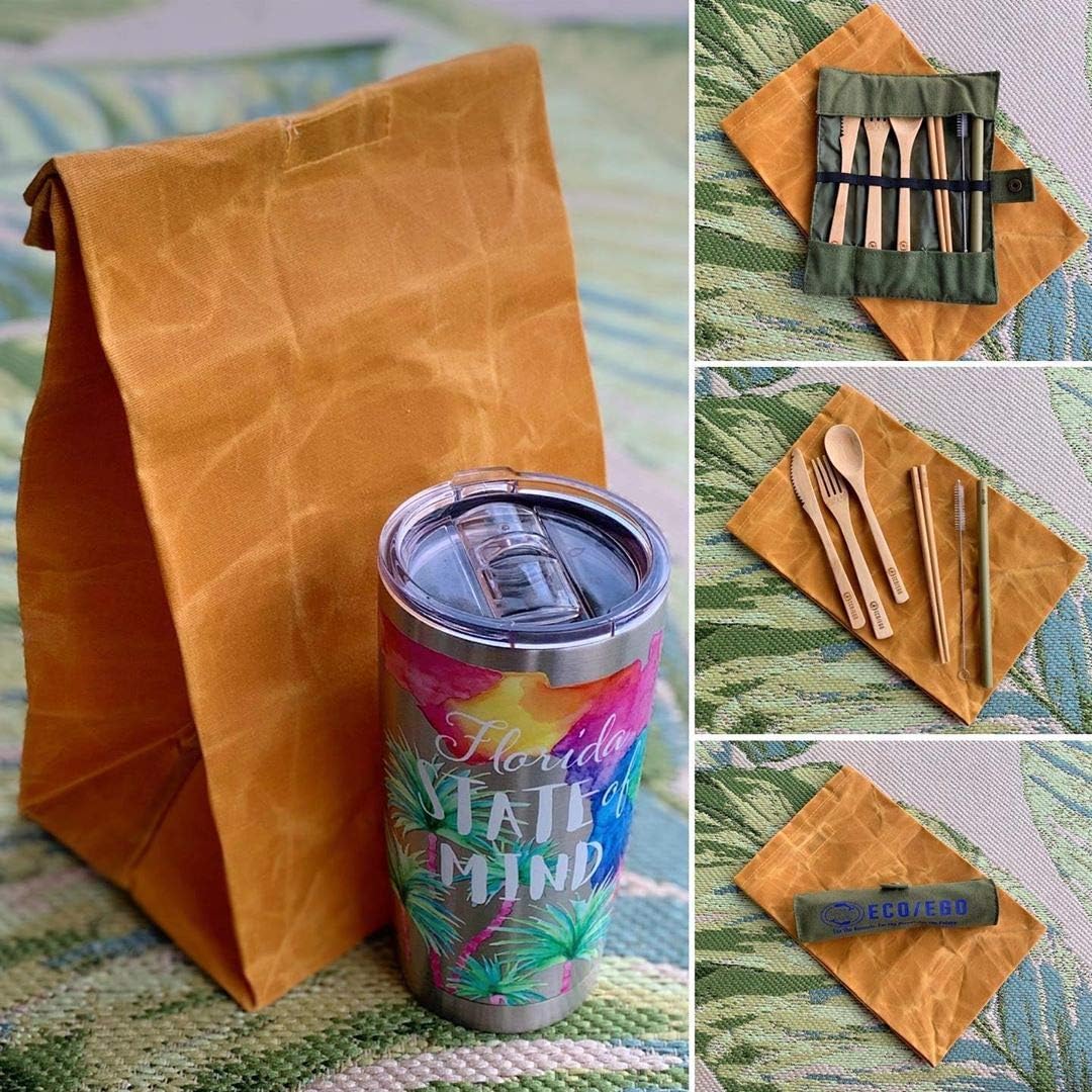 Juego de loncheras de lona ecológica. 1 bolsa de almuerzo de lona encerada resistente e impermeable1 juego de cubiertos de bambú (1 cuchillo, 1