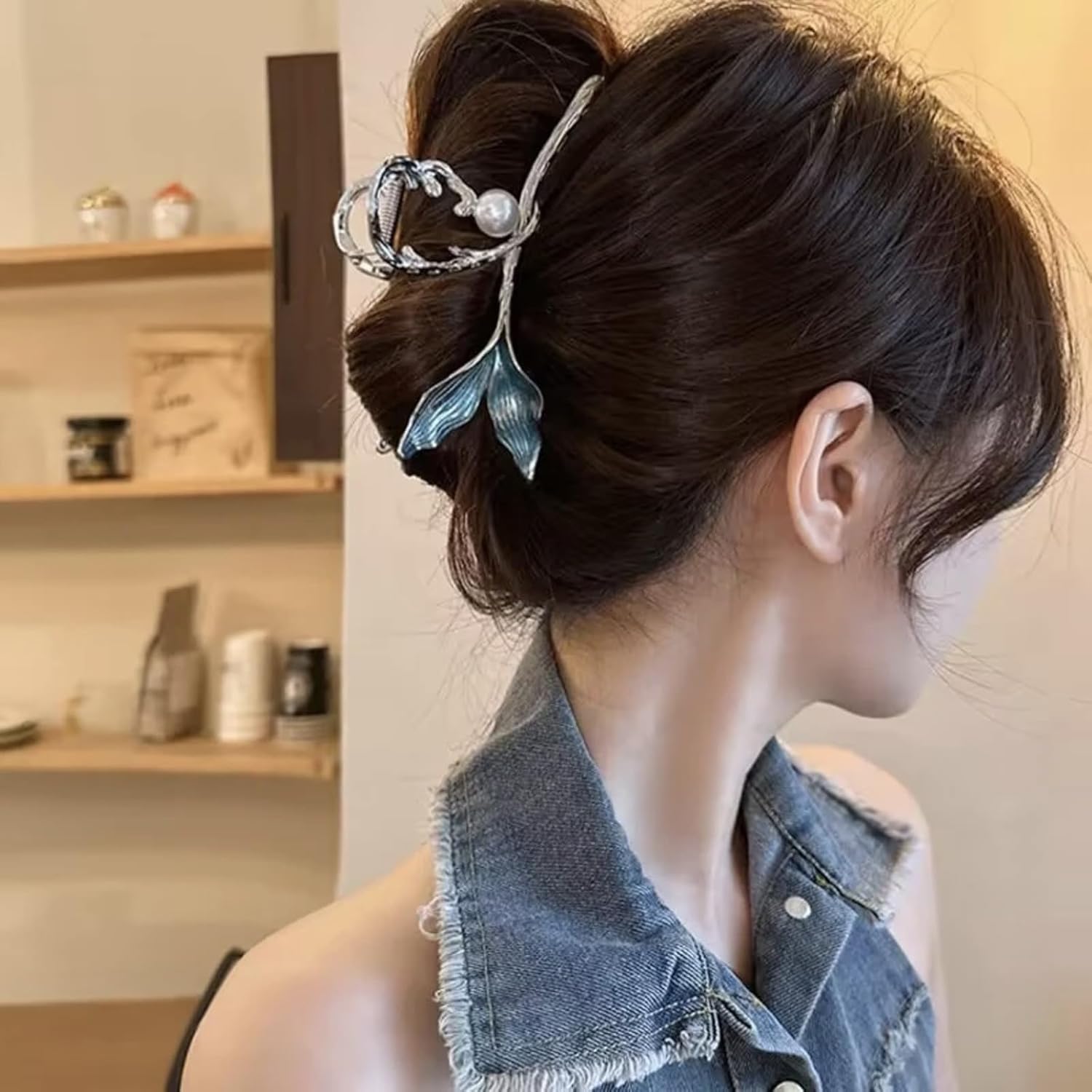Pinzas para el cabello de cola de pez azul con diseño de perlas, clip de garra de metal para cabello grueso, clip de pelo plateado grande, pinzas de